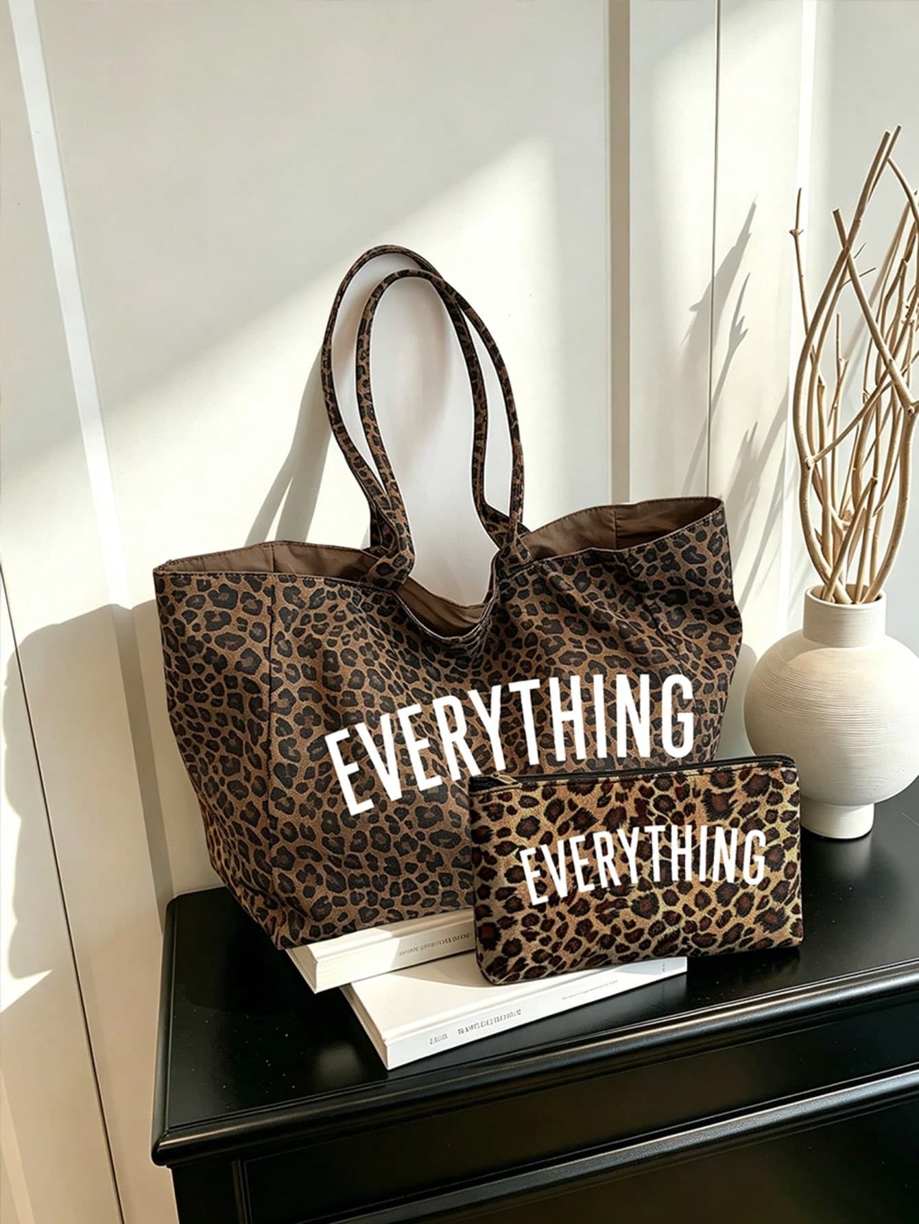 Women's Large Tote Bag, Durable Style, Gold Letter Decor, Black & Gold Animal Print (Leopard/Tiger), Large Capacity Casual