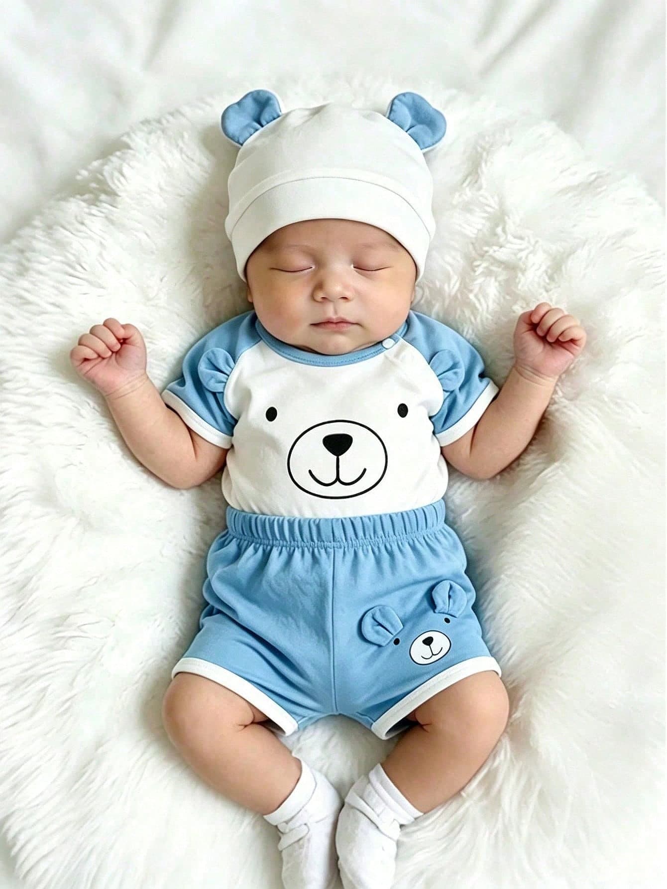 3pcs/Set Unisex Baby Clothes Newborn Bear 3-Piece Set Short Sleeve Colorblock Romper (With Snap Closure At Neckline) + Shorts + Ear Hat Baby Outfit Suitable For Infant Daily Wear