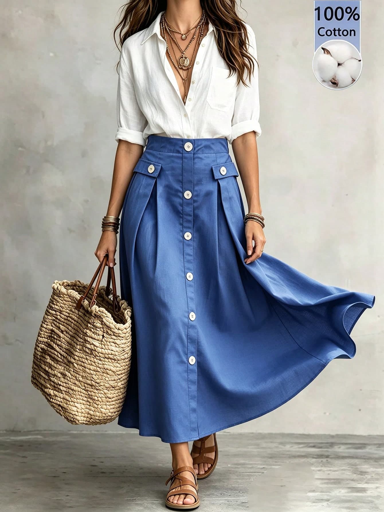1pc Solid Color Casual Pleated Fabric Skirt, Beach Resort Wear, Spring/Summer