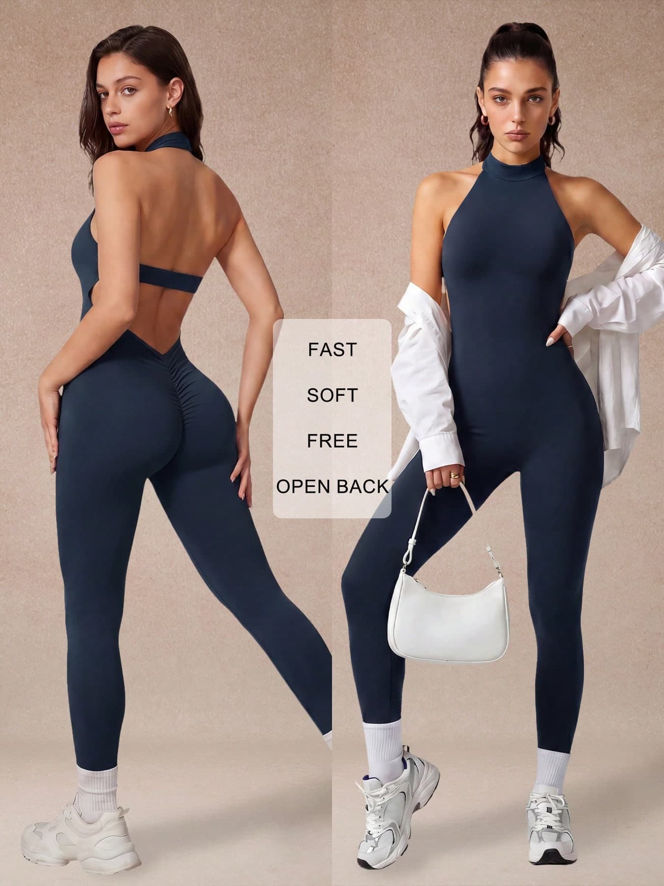 Women's Premium Minimalist One-Piece Yoga Leggings, Halter Neck Backless Design Navy Blue Sleeveless Tight-Fitting Pants, Elastic Waist Tummy Control Slimming One-Piece Fitness Pants, Elegant Yoga Wear, Pilates, Dance, Fashionable Sports Jumpsuit, Autumn/Spring/Autumn/Winter