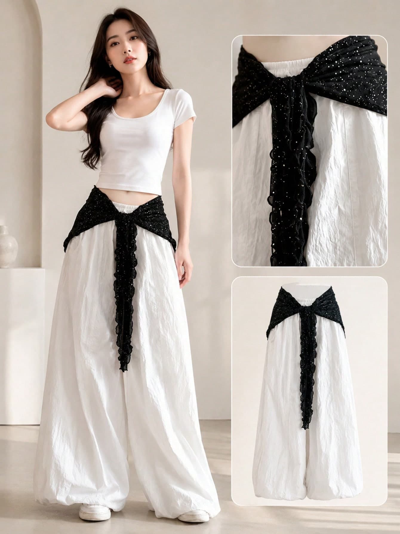 Women Sheer Mesh Wrap Skirt & Crop Top Set, Y2K Aesthetic Sparkly Tie Front Bow Design, Versatile Hip Scarf Tassel Belt Skirt For Dance, Party, Festiv