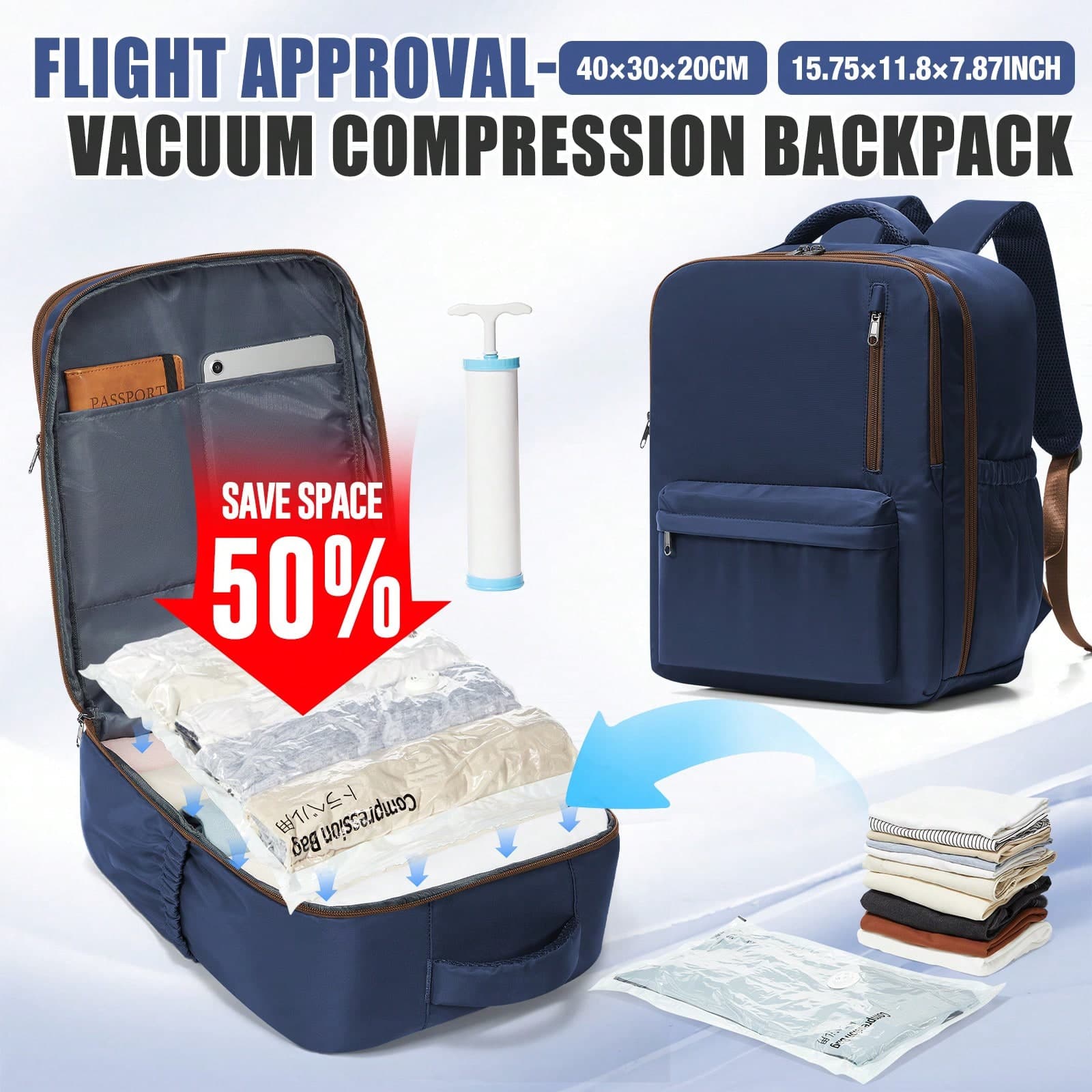 Vacuum Compression Backpack Travel Bag With Air Pump, Suitable As Carry-On Luggage, Waterproof Design For Laptop, Unisex Travel Backpack For Daily Casual Use, Size 40*30*20cm, With Dry/Wet Separation Pockets And Comfortable Back Design