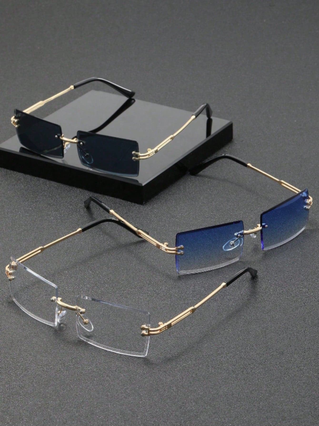 3 Pairs Unisex Rectangular Rimless Fashion Metal Eyeglasses, High-End Glasses, Suitable For International Fashion Week, Daily Life, Social Events, Business Occasions, Commuting And Travel.