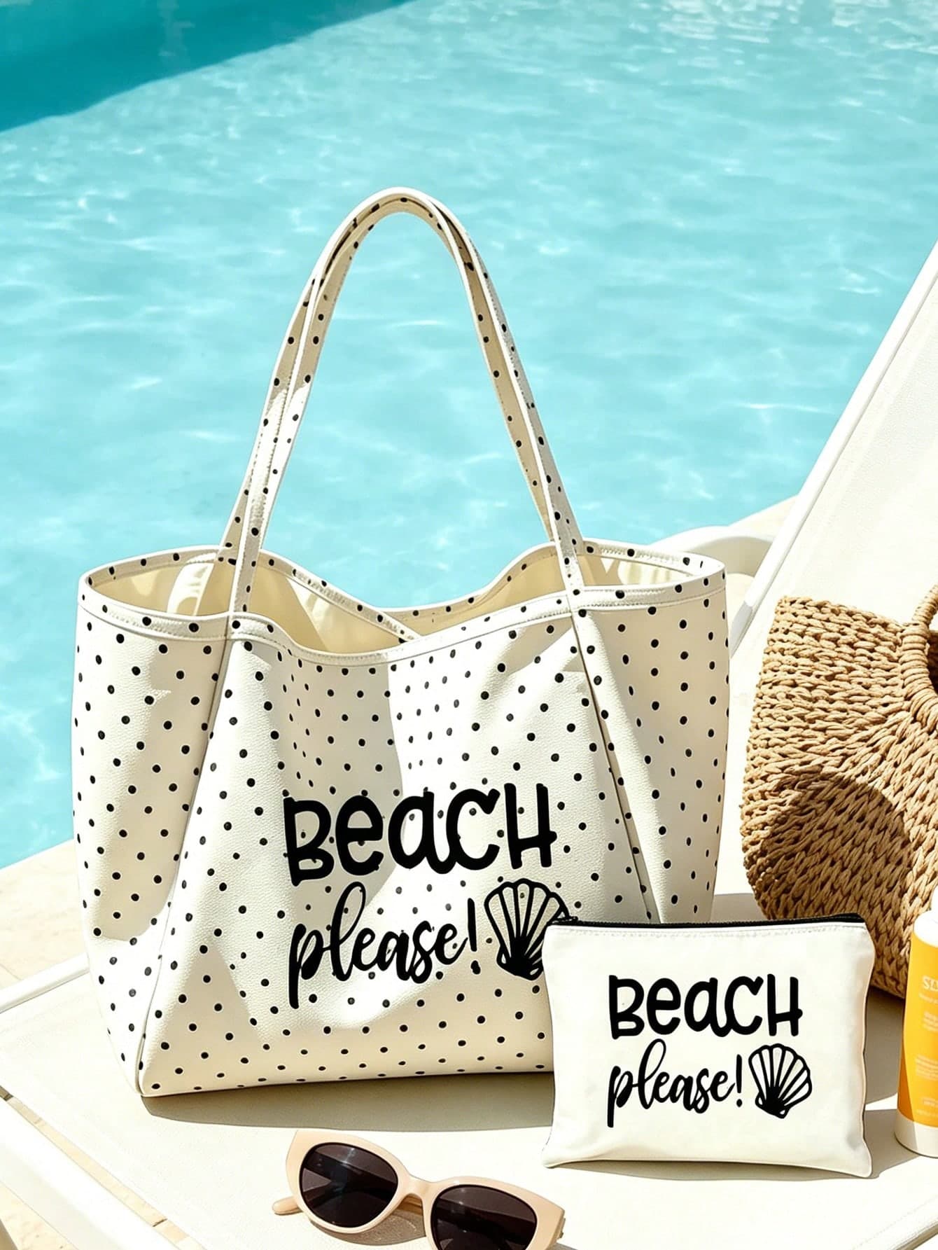 Vintage Polka Dot White Large Capacity Shoulder Bag Set - Printed With "Beach" Black Letter And Magenta Glitter Letter Styles, Shopping And Travel Tote Bag With White Small Bag, Foldable Shoulder Handbag, Commuter Tote Bag, Tablet Bag, Storage Bag, Summer Essential Travel Bag, Suitable For Beach Trips, Pool Days, Shopping And Daily Use. Back To School, Teacher's Day Gift