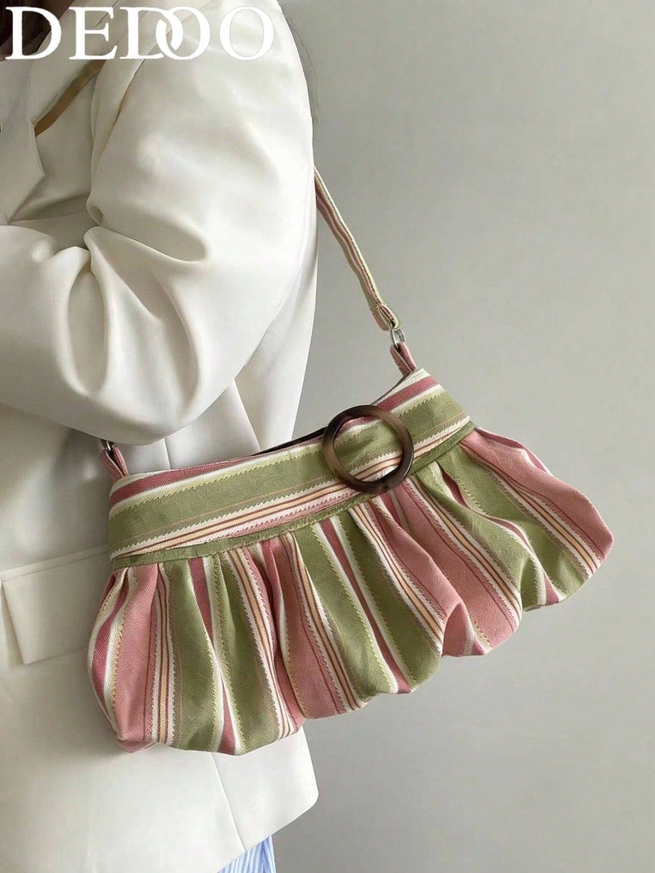 Dedoo Women's Underarm Shoulder Bag, Striped Colorblock Canvas Ruched Baguette Bag, Wooden Ring Buckle Vintage Casual Handbag, Spring Daily Commute