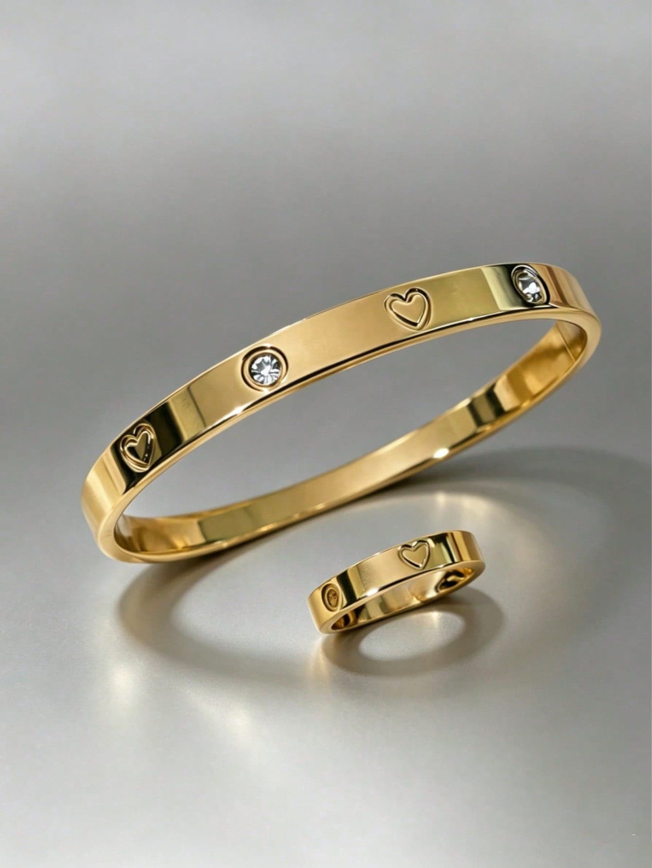 1/2pcs Stainless Steel 18K Gold Plated Heart Shaped Bracelet & Ring Set, Rhinestone Inlaid, Luxury Jewelry Wedding Accessories