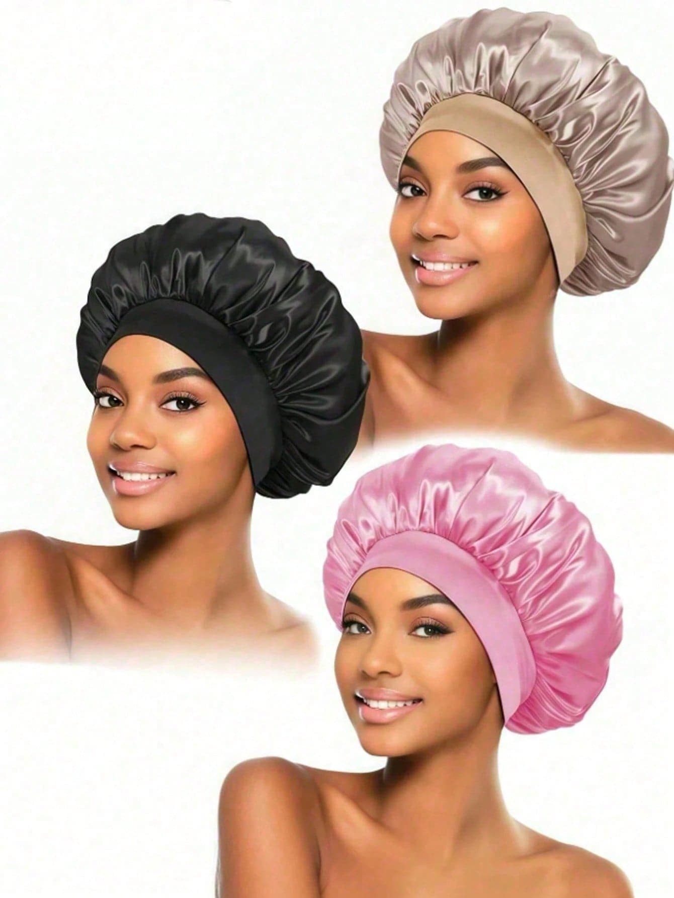 3/2/1pc Silk Sleep Cap, Satin Hair Cap, Women's Wide Brim High Elastic Cap, Silk Sleep Cap, Premium Satin Hair Cap, Curly Hair Silk Headband (Black And Pink), Sleep Cap, Holiday Cap, Summer Cap, Holiday Essential, Holiday Hat, Summer, Accessory, Holiday Accessory, Women's Hat
