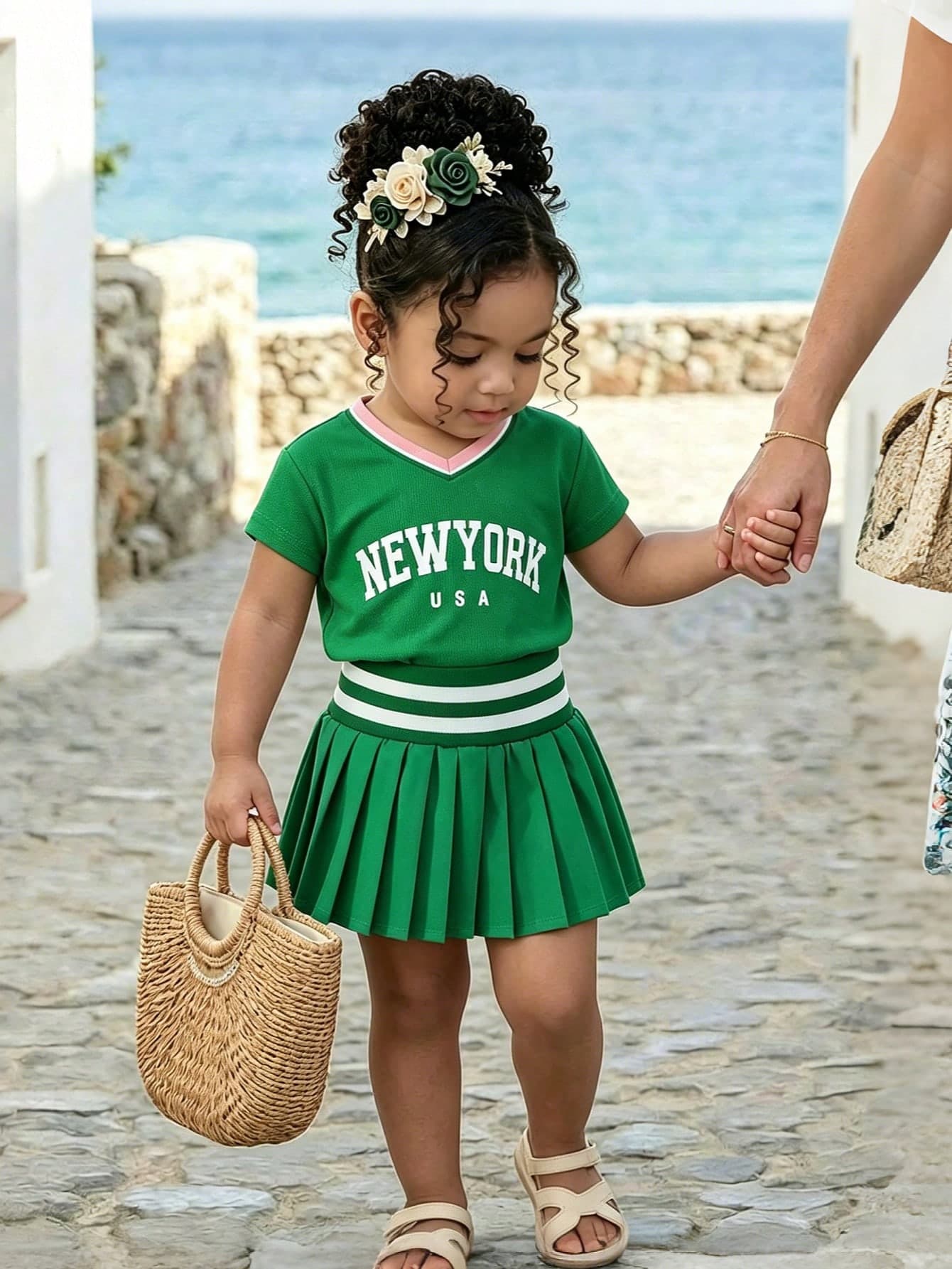 2pcs Girls Toddler Athletic Letter Print T-Shirt & Pleated Skirt Set, Fashion Casual Cheerleading Uniform For School, Vacation