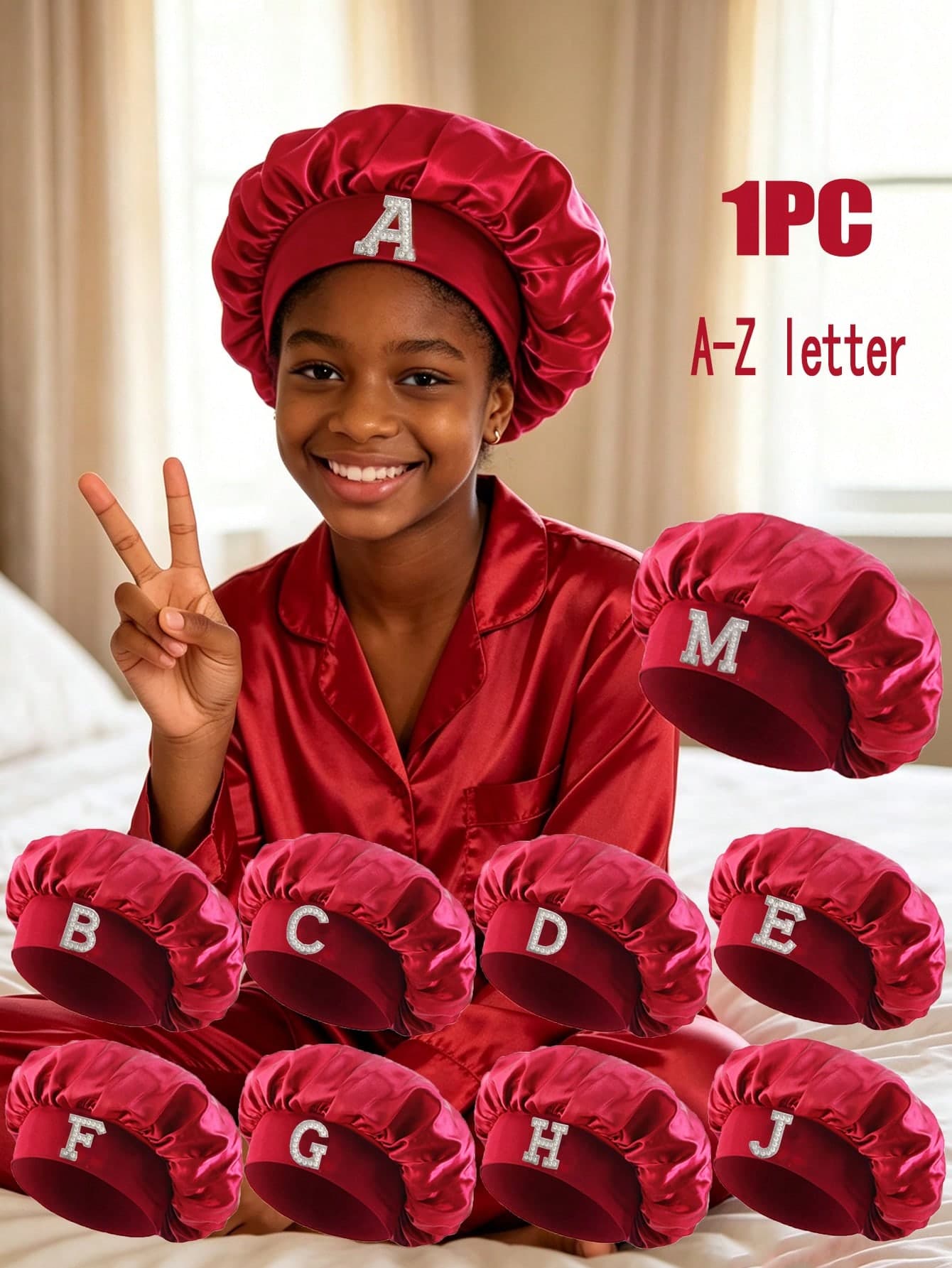1 Pc A-Z Letter Hats Children' Elastic Wide Brim Satin Sleeping Cap Elastic Caps Fit, Hair Protection, Ultra Soft & Breathable With Anti-Slip Lining