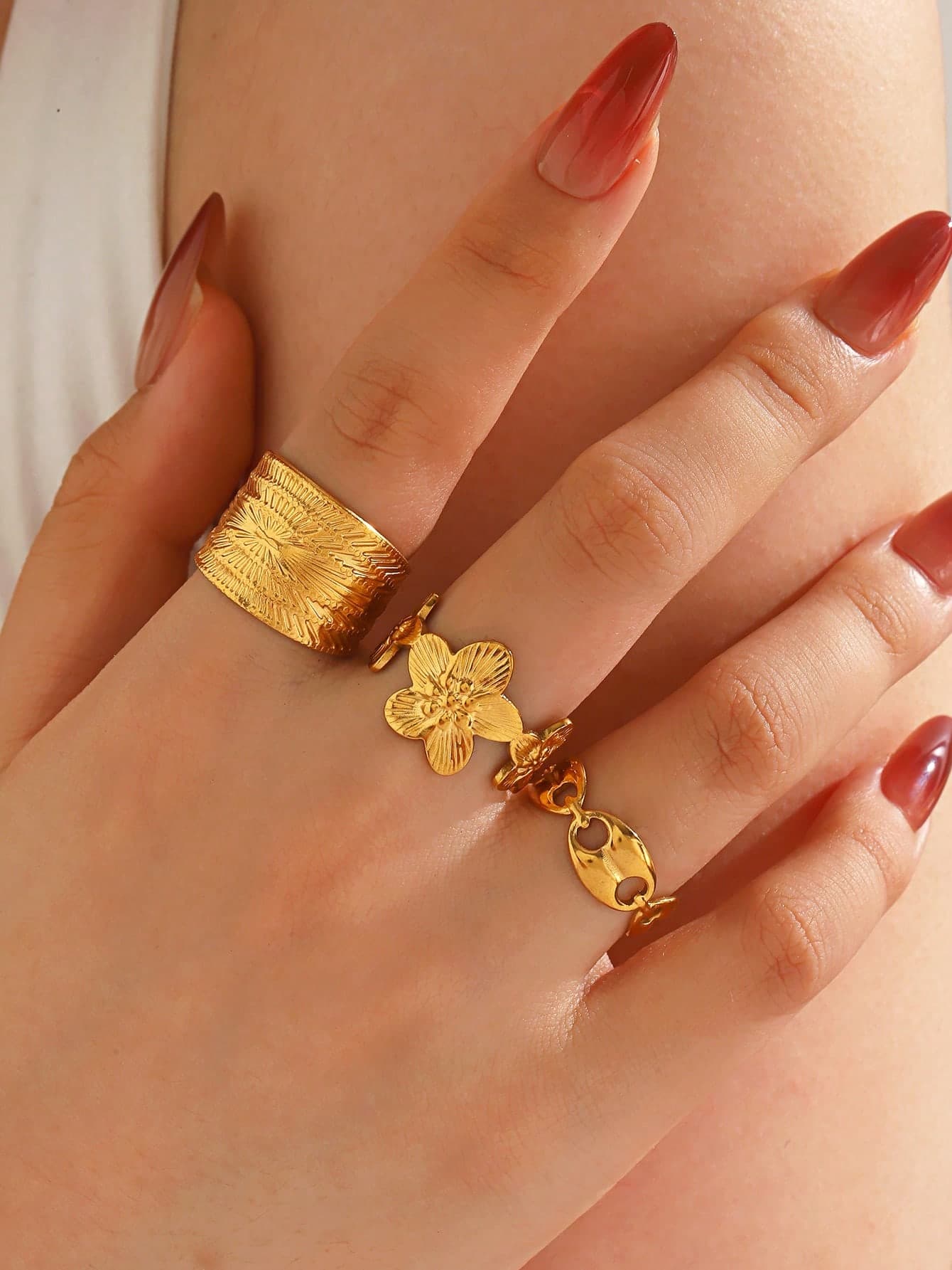 3pcs/Set Stainless Steel 18K Gold Plated Geometric Multi- Rings Set Suitable For Women's Daily Wear And Shopping