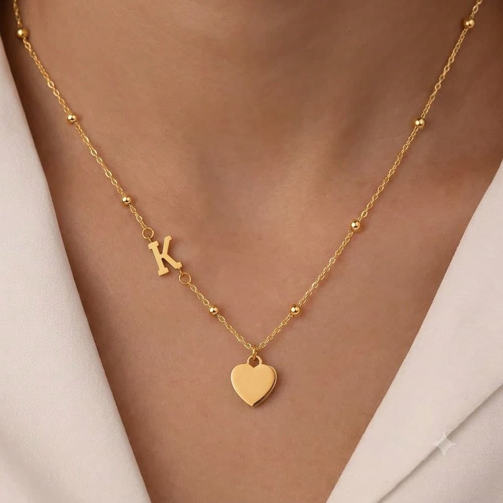 1pc New Vintage Heart Initial Pendant Golden Stainless Steel Bead Chain Necklaces For Women