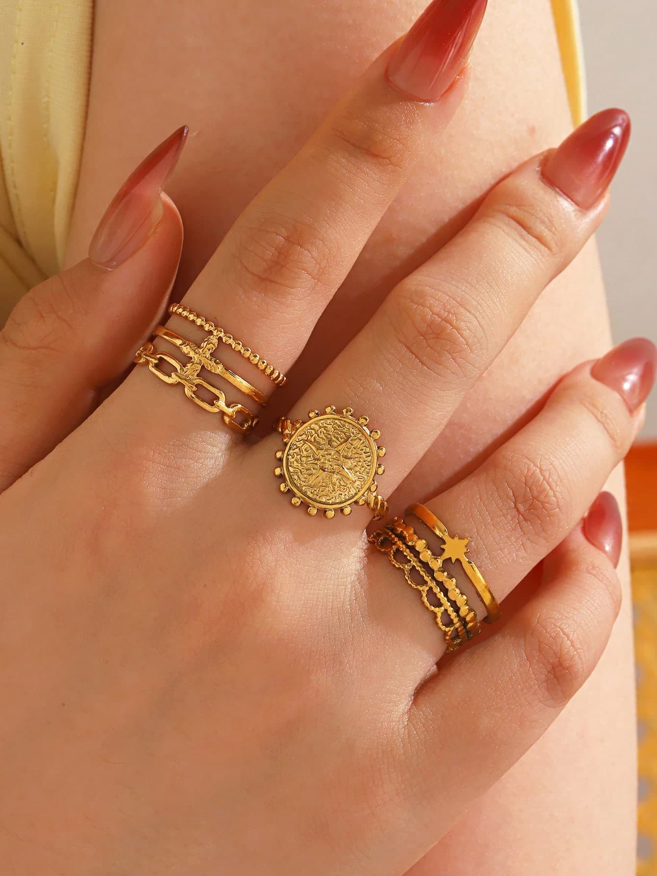 3pcs Stainless Steel Vintage Star Ring Set Suitable For Women's Daily And Party Wear