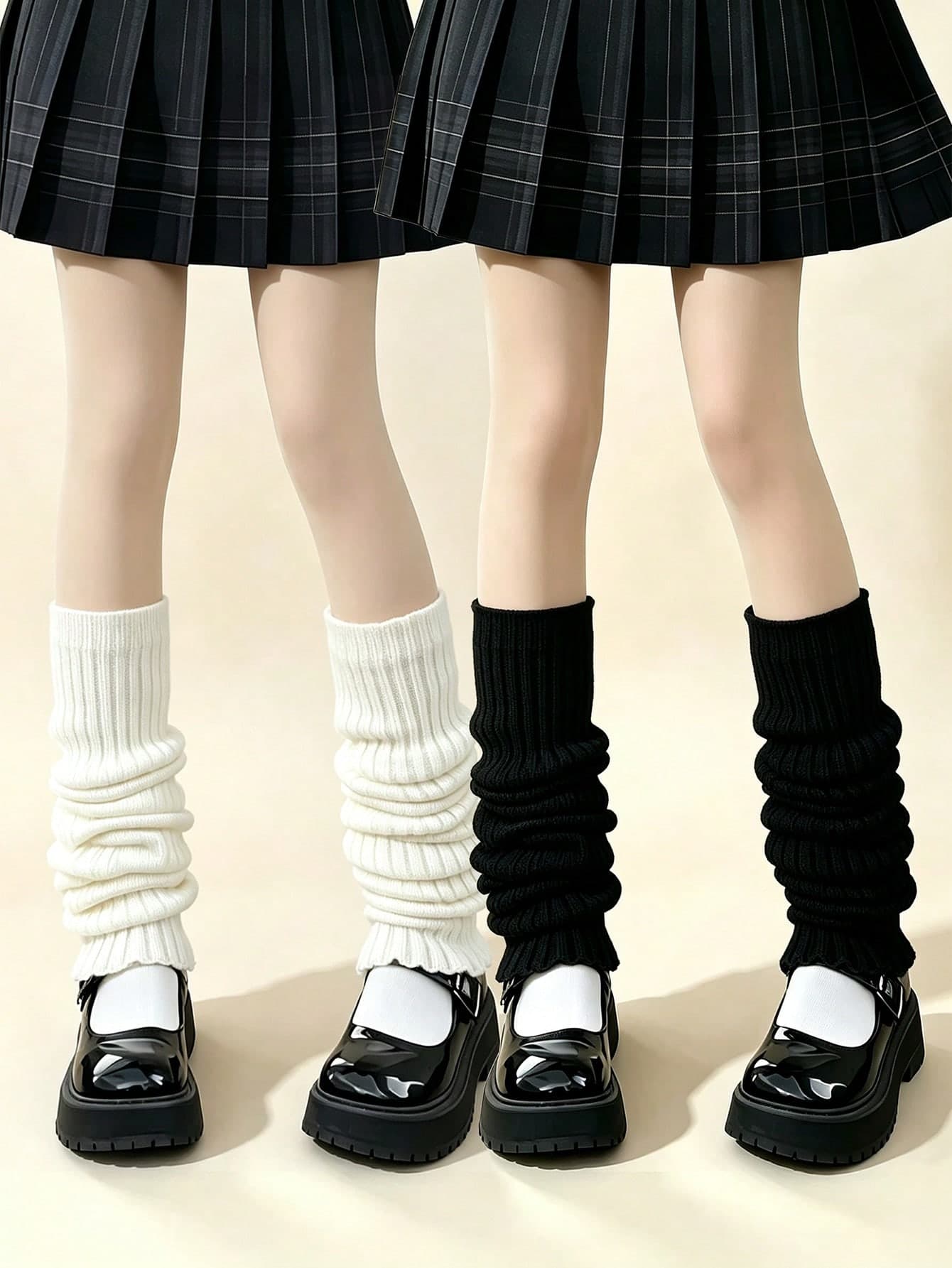 1/2 Pairs Girls Black & White Knitted Leg Warmers, Solid Color Vertical Stripe Ruffle Leg Leg Warmers, Elastic Calf Leg Warmers, Suitable For Matching With Skirts, All Seasons