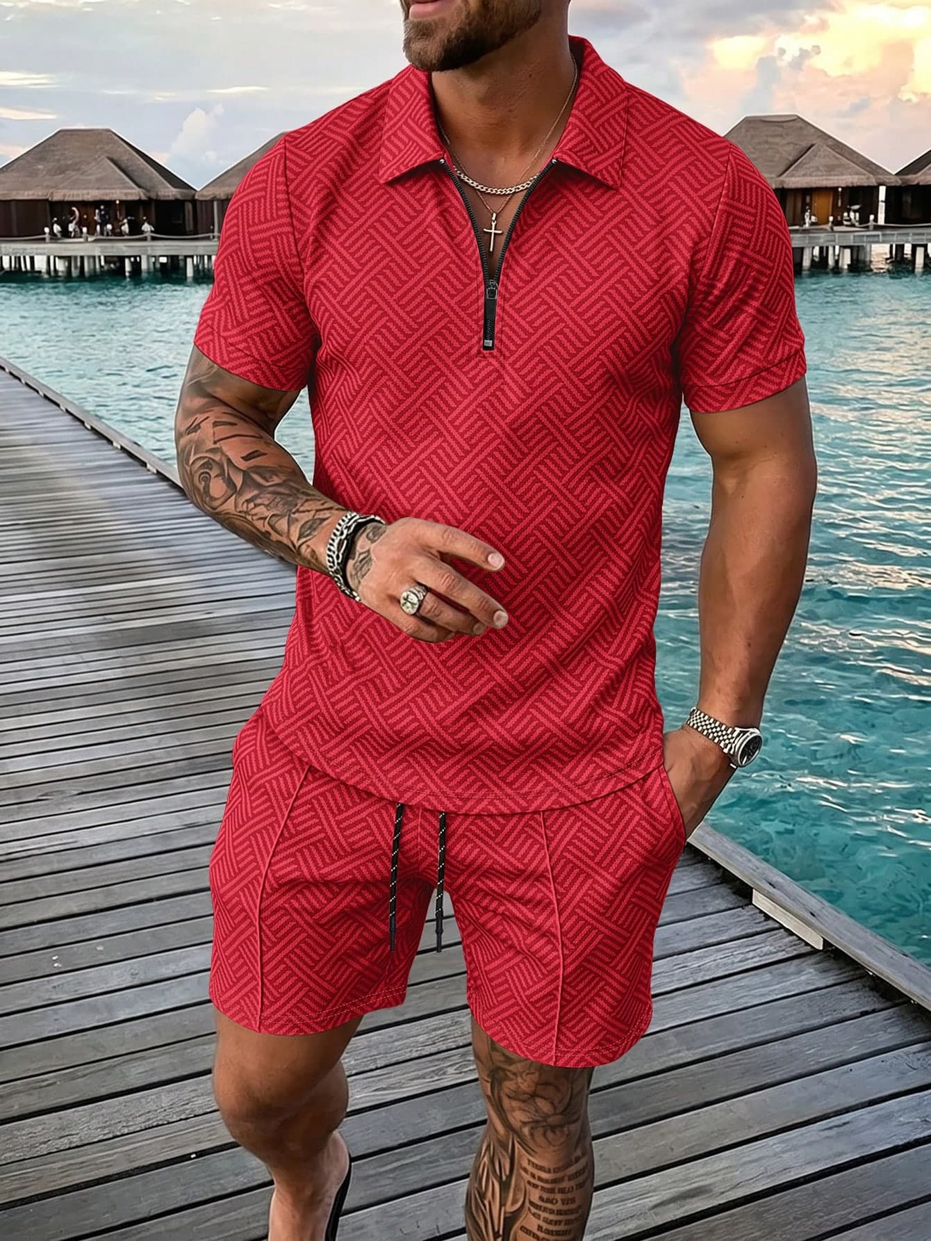 Men's Fashion Casual Set, Zip-Up Polo Top And Shorts, Digital Print