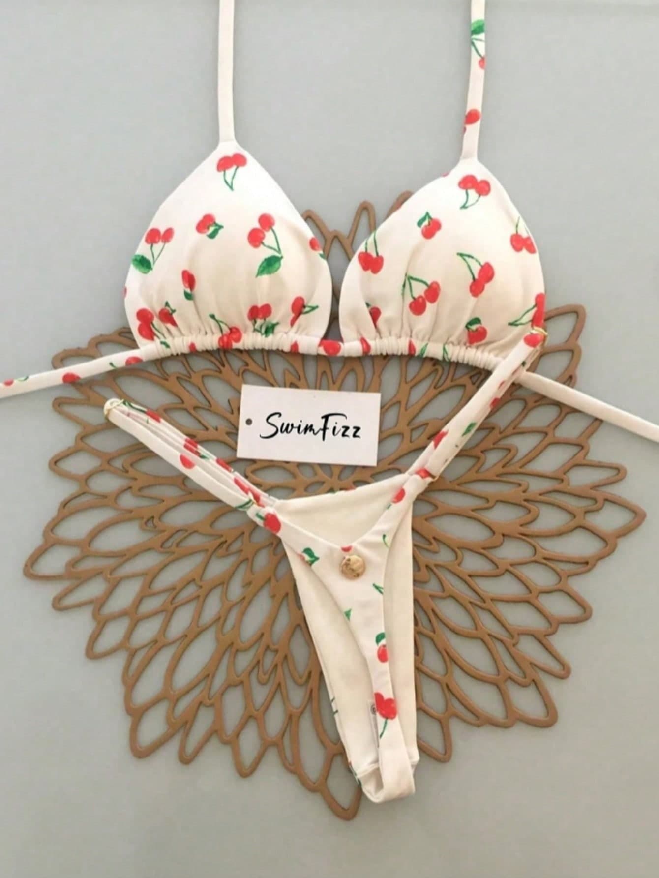 Women's Solid Color Triangle Bikini Set With Heart Ring, Triangle Cup Spaghetti Strap, Sweet And Full Of Personalized