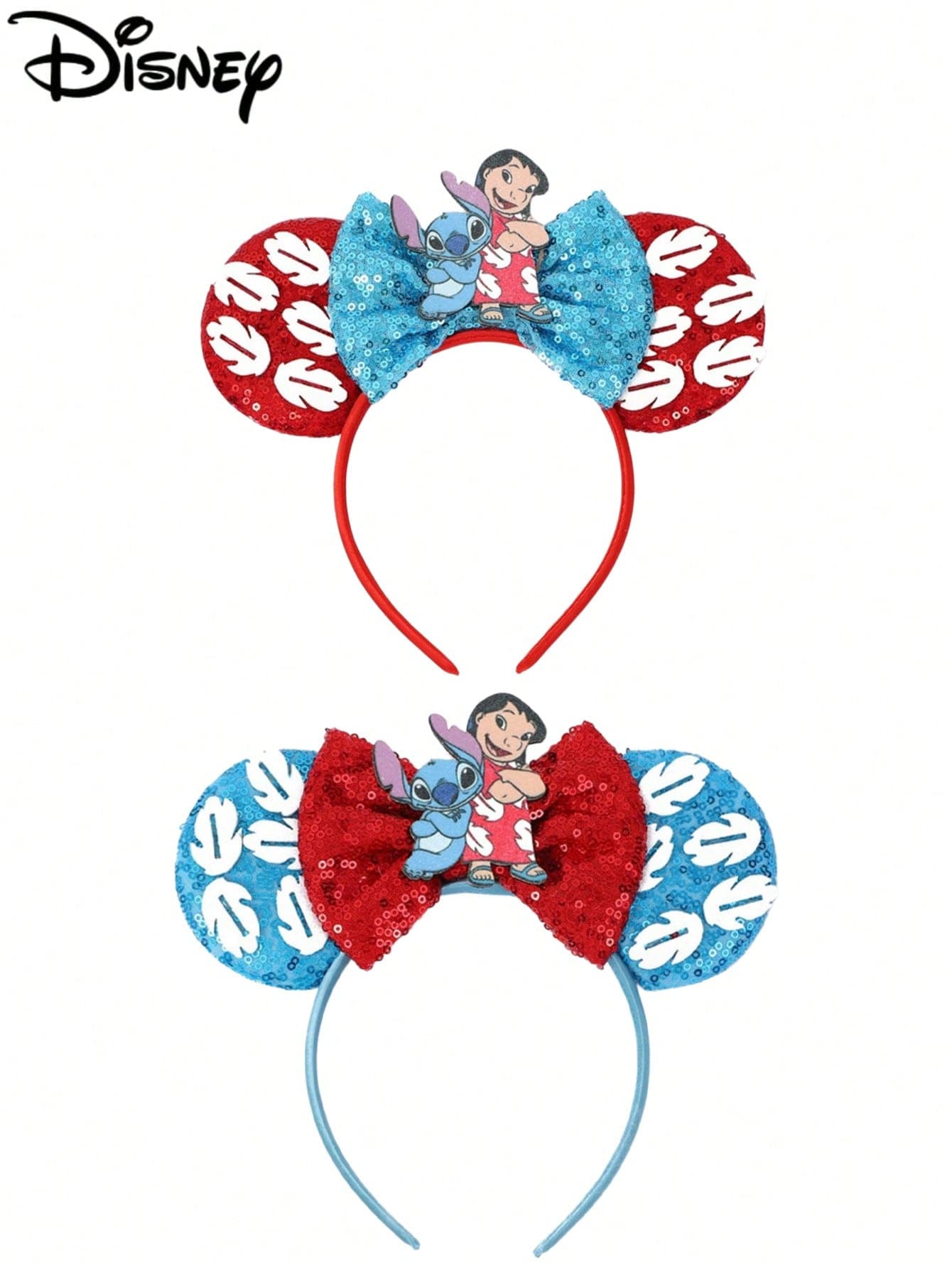1pc Disney Cartoon Sequin Blue + Stitch Pattern + Red Bow Headband, Amusement Park Theme Series Mickey Minnie Ears Sequin Headpiece Stage Performance Costume Hair Accessory, Holiday Party Theme Mickey Hair Accessory Headband, Suitable For Holiday Parties