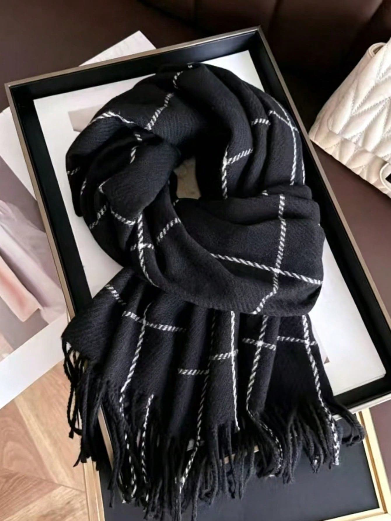 1pc Women's New Winter Faux Cashmere Plaid Scarf, Minimalist Fashion Tassel Infinity Scarf, Warm Shawl, Suitable For Daily Outings And Casual Wear