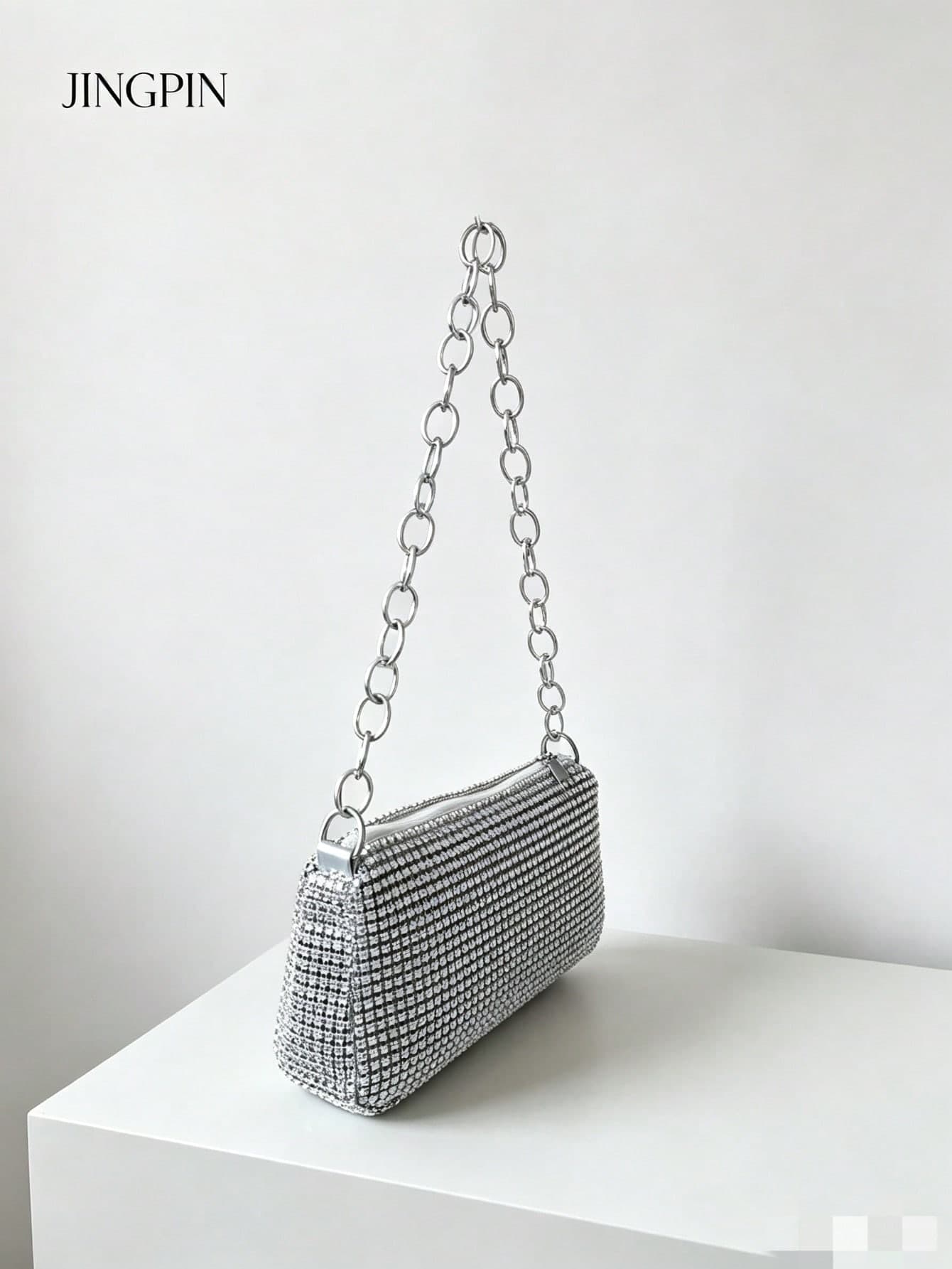 Rhinestone Chain Shoulder Bag, Fashion Zipper Evening Clutch, Premium Texture Underarm Bag, Solid Color Handbag, Suitable For Evening Wear, Travel, Holiday, Business Commute, Multifunctional Women's Shoulder Bag, Can Be Used As Portable Makeup Bag, Wallet, Minimalist Casual Style, Suitable For Prom, Party, Holiday Gathering (Random Pattern)