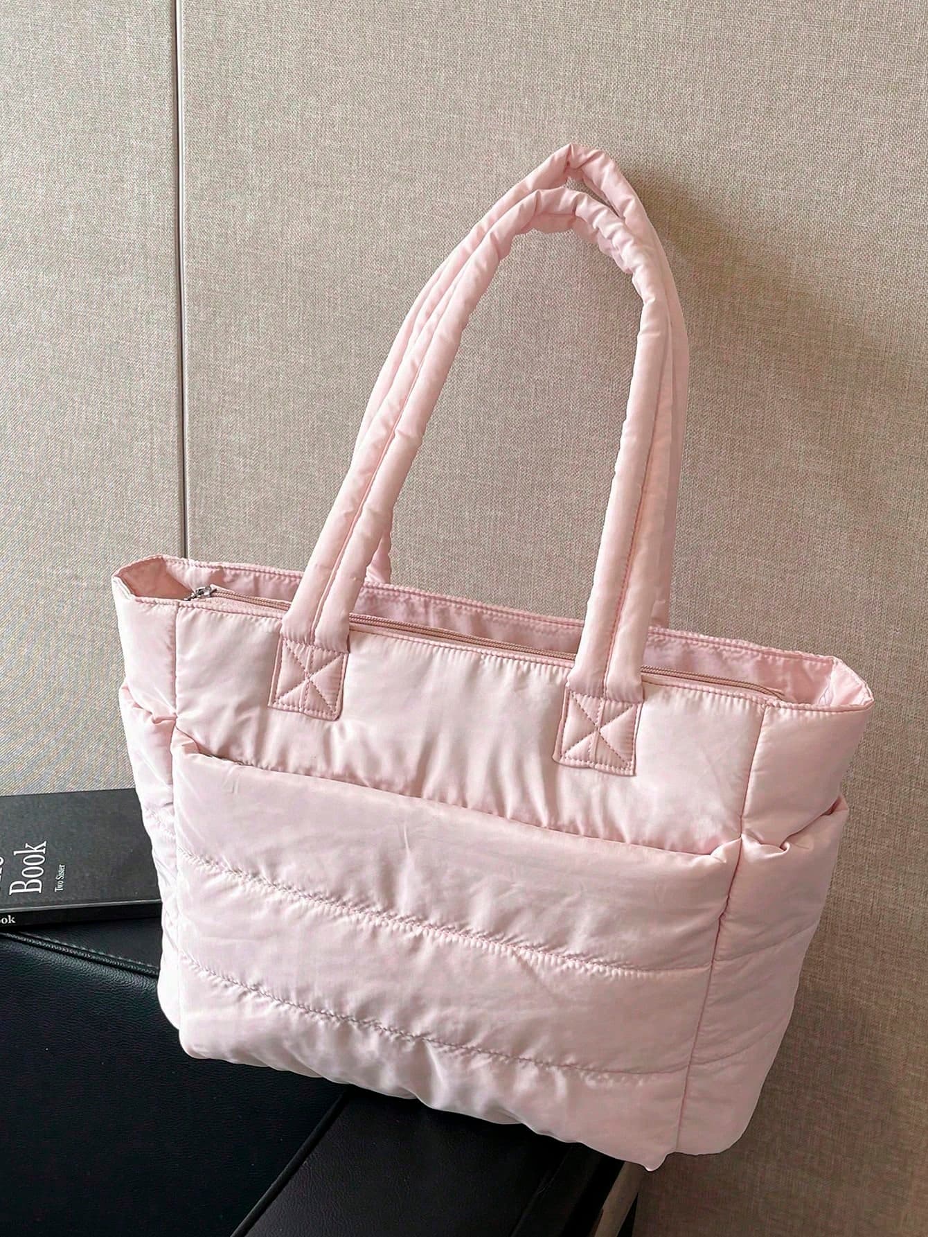 1pc Women's Solid Color Zipper Decor Shoulder Bag Large Capacity Zipper Opening With Compartment Tote Bag