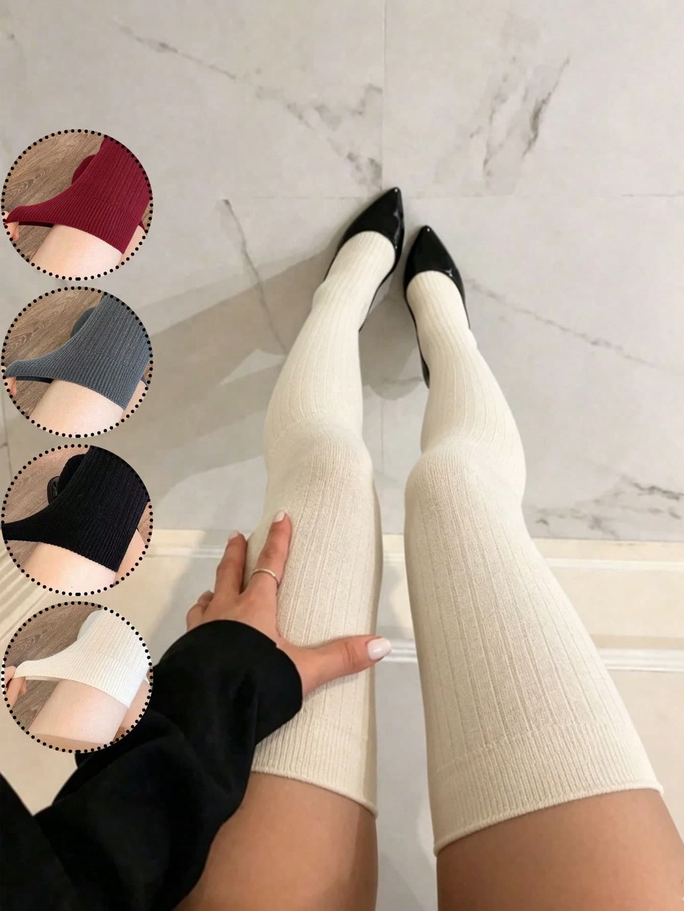 1 Pair Women's Solid Color Ribbed Knit Over-The-Knee Socks, Soft Elastic Thigh-High Stockings, Versatile Casual Long Socks For Autumn/Winter