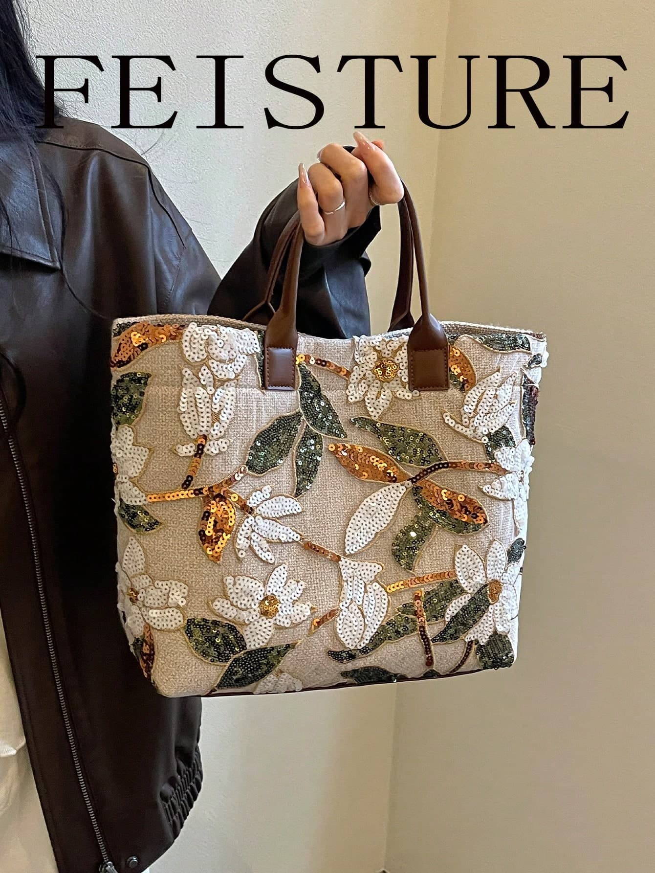 FEISTURE1 Piece,Floral Sequin Embroidery Linen Tote Bag Large Capacity Handbag