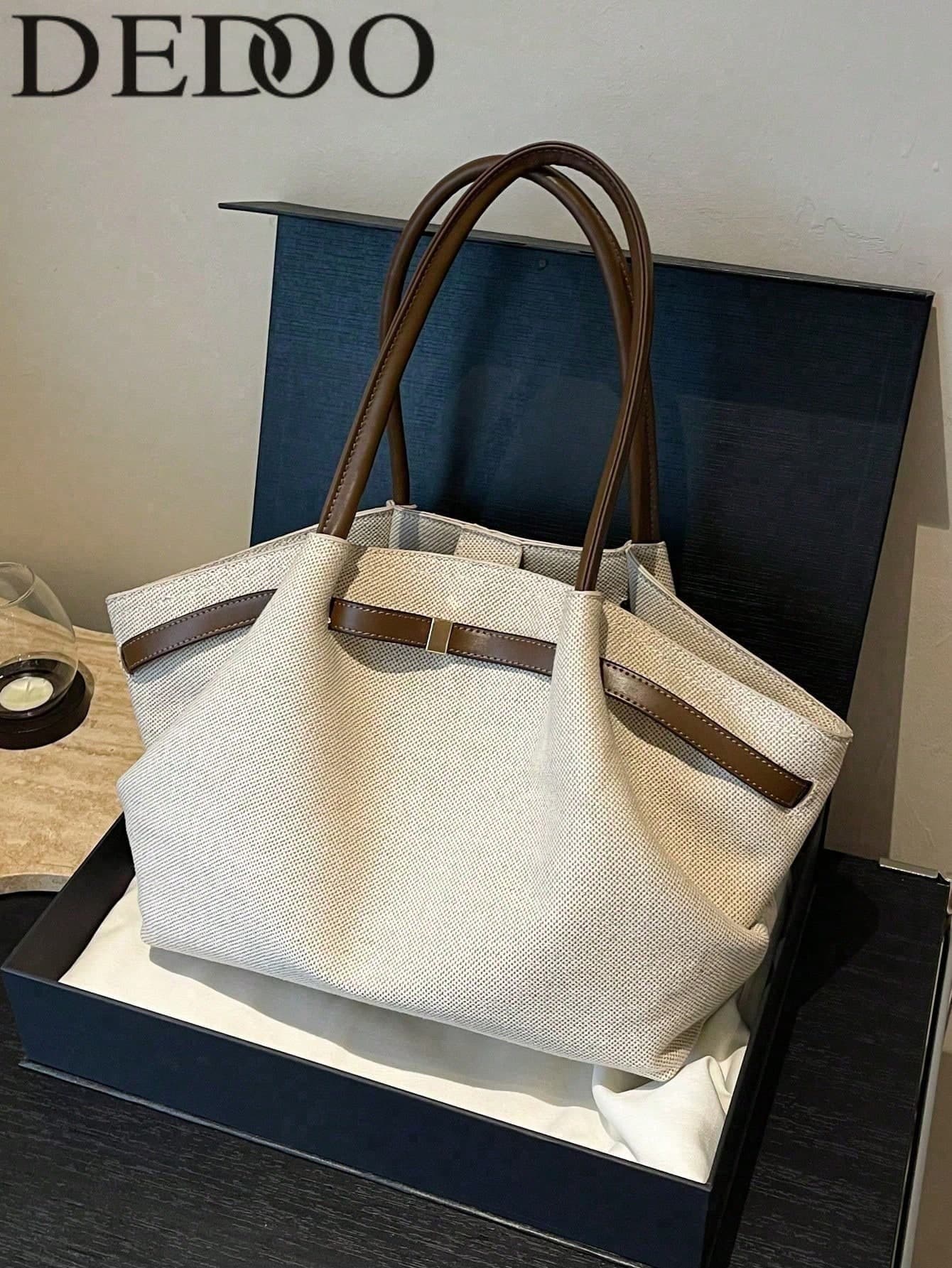 Dedoo 1pc Canvas & PU Patchwork Tote Bag, Large Capacity Solid Color Mature Elegant Ladies Handbag, Retro Style Work Bag, Suitable For Girls, Women, College Students, Office Ladies, Perfect Match For Autumn Outfits