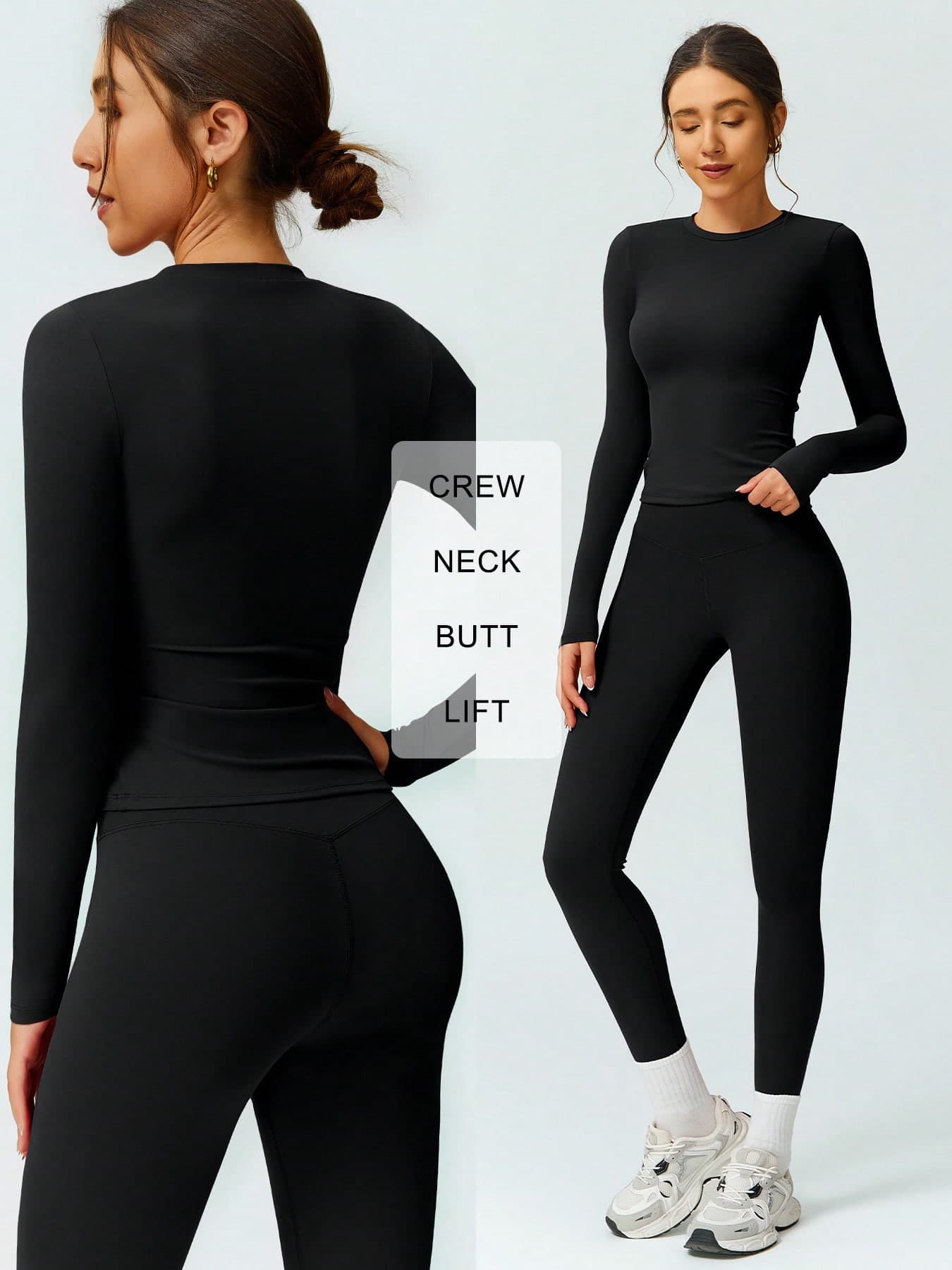 2pcs Set - Women's Round Neck Soft Brushed Long Sleeve T-Shirt, Elastic Soft Skin-Friendly Base Layer Sports Pants, Outdoor Hiking Fitness Slim Fit Round Neck Running Set, Black Versatile Sports Yoga Set