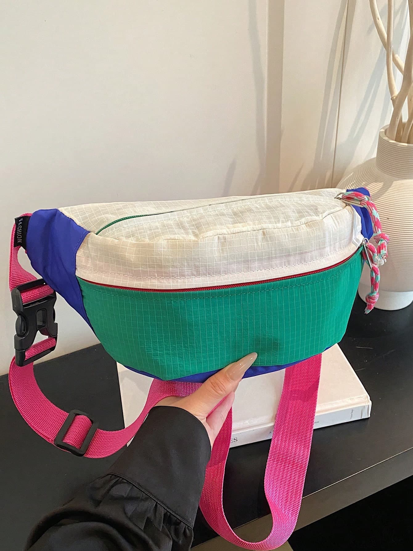 Macaron Colorblock Canvas Waist Bag For Women, Large Capacity Casual Crossbody Chest Bag, Patchwork Sports Phone Waist Bag