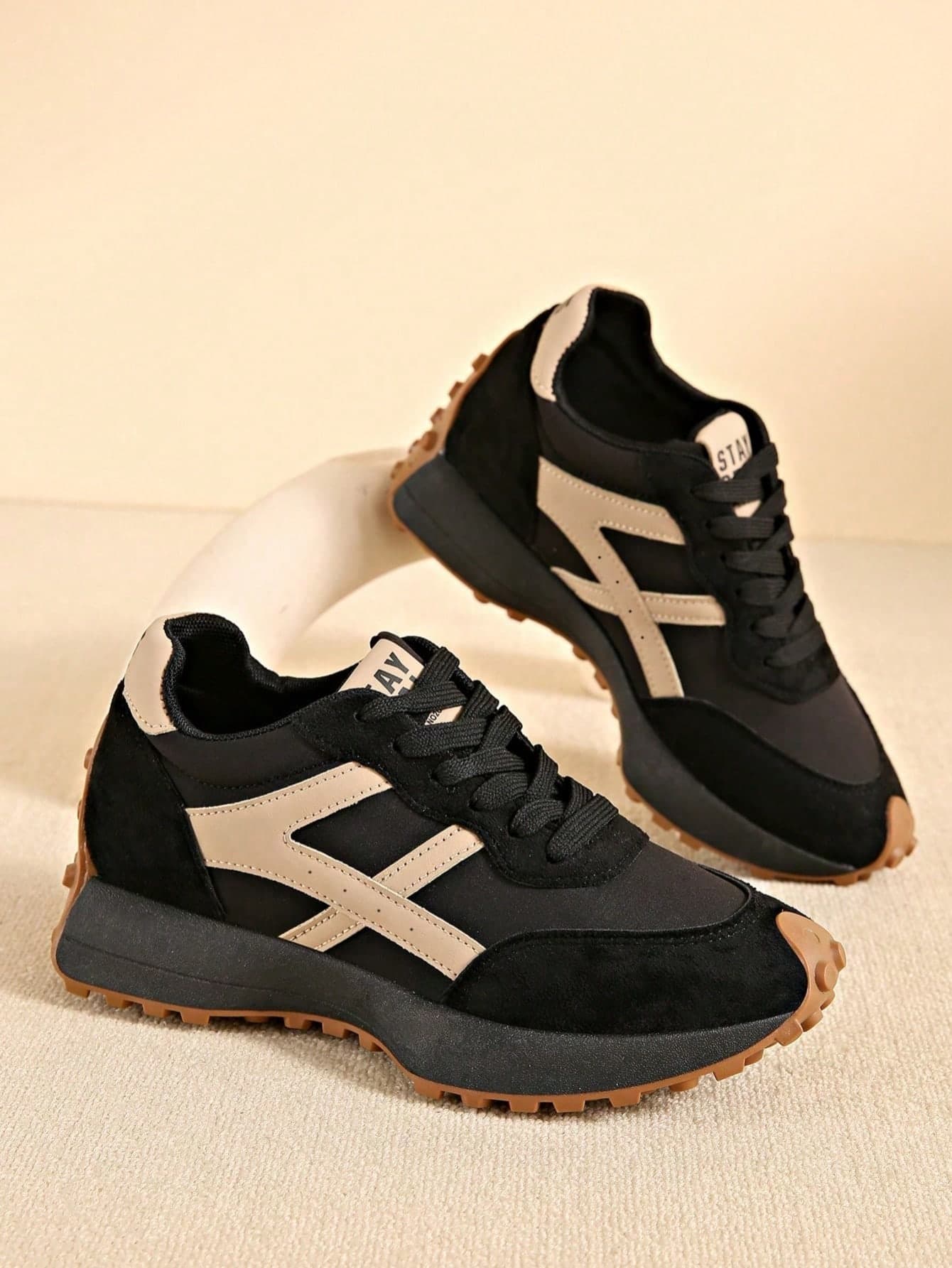 Women's Solid Color Striped Casual Sports Shoes, Lightweight Comfortable Lace-Up Jogging Shoes, Versatile Retro Thick Sole Women's Shoes, Fashion Low-Top Soft Sole Casual Shoes, Daily Commute Travel Walking Shoes, Women's Shock-Absorbing Wear-Resistant Mesh Sports Casual Shoes