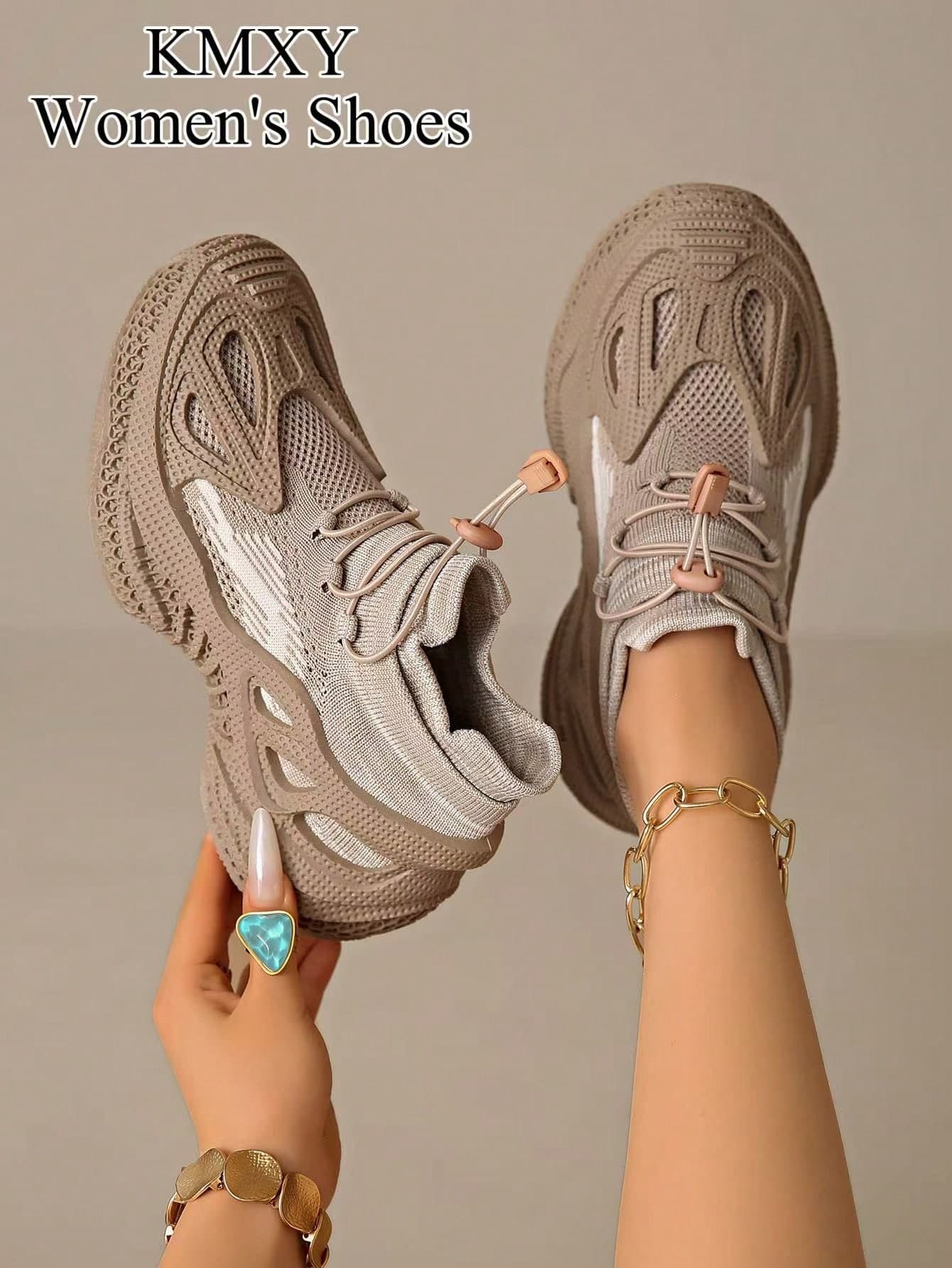 1 Pair Khaki Women's Hollow Out Thick Sole Sports Shoes, Fashion Design Adjustable Quick-Lace Chunky Heel Training Shoes, Suitable For All Seasons Daily Streetwear