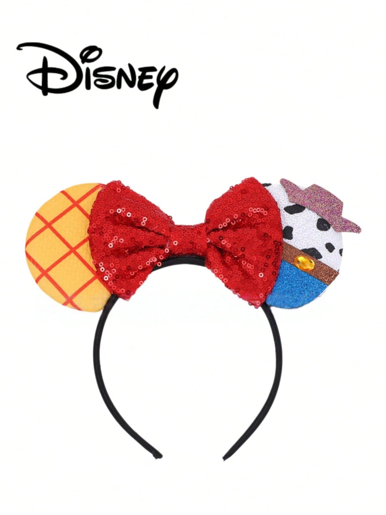 1pc Disney Cartoon Sequin Waffle Theme Series Mickey Minnie Ears Sequin Bow Headband, Stage Performance Costume Hair Accessory, Holiday Party Birthday Theme Mickey Hair Accessory Headband, Suitable For Holiday Parties