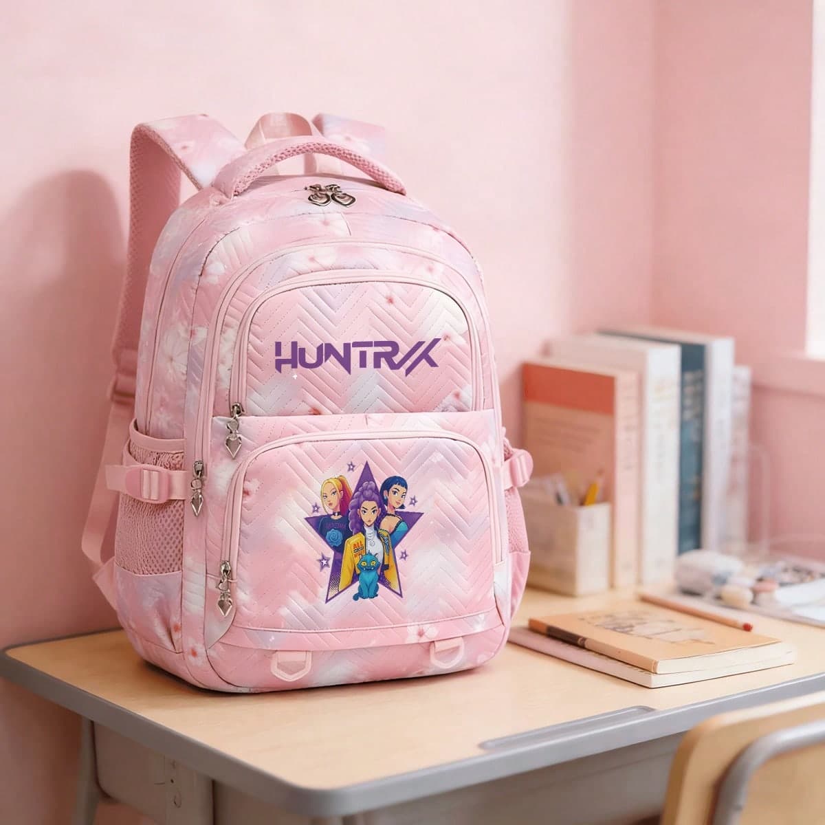 Miniso Purple Letter Character Five-Pointed Star Frame Cat Print Pink Cherry Blossom Chevron Quilt Large Capacity Student Backpack Multi Compartment School T
