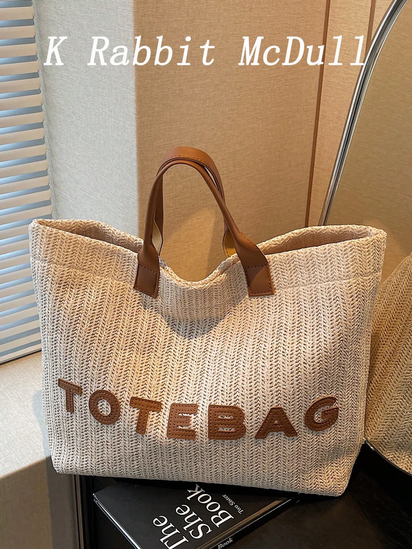 New Large Capacity Letter Decor Woven Straw Tote Bag, Multi-Functional Commute Casual Vacation Woven Straw Handbag Suitable For Beach Vacation