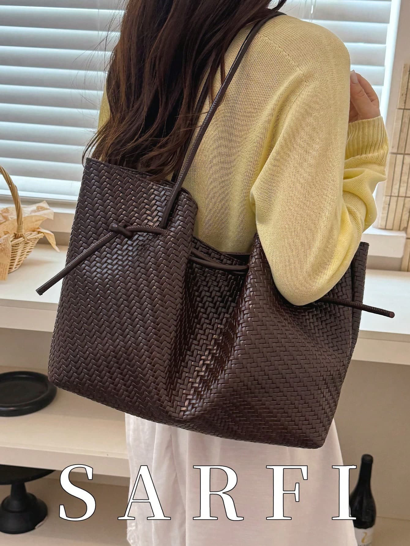 High-End Versatile Coffee-Colored Woven PU Material Women's Tote Bag, Fashionable Adjustable Shoulder Strap One Shoulder Bag/Commuter Bag