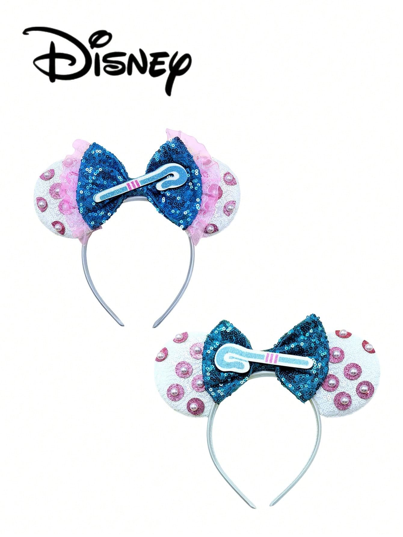 1pc Disney Mickey Light Blue Shepherd Staff Pink Lace Sequin Headband, Mickey Light Blue Shepherd Staff Sequin Headband - Holiday Party Headband, Head Accessory, Fun Photo Prop, Amusement Park Accessory, Suitable For Birthday Party And Valentine's Day Event, With Bow Cute Cartoon Hair Accessory, Princess Costume Accessory, Suitable For Disney Fans