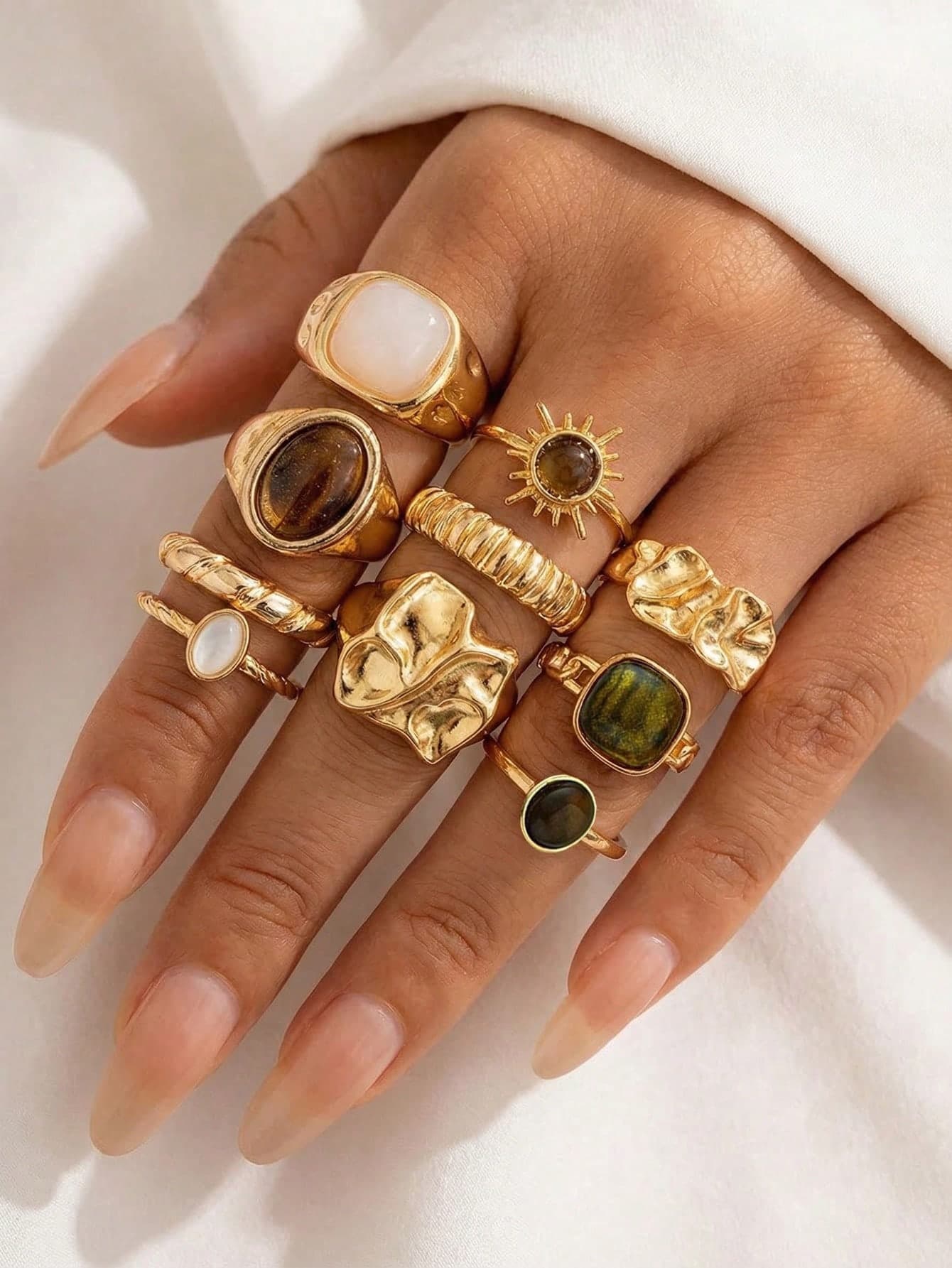 12pcs Set Minimalist Vintage Asymmetrical Sun Liquid Rings Set, Luxury Vintage Rings For Women, Suitable For Parties, Gifts, Daily Wear