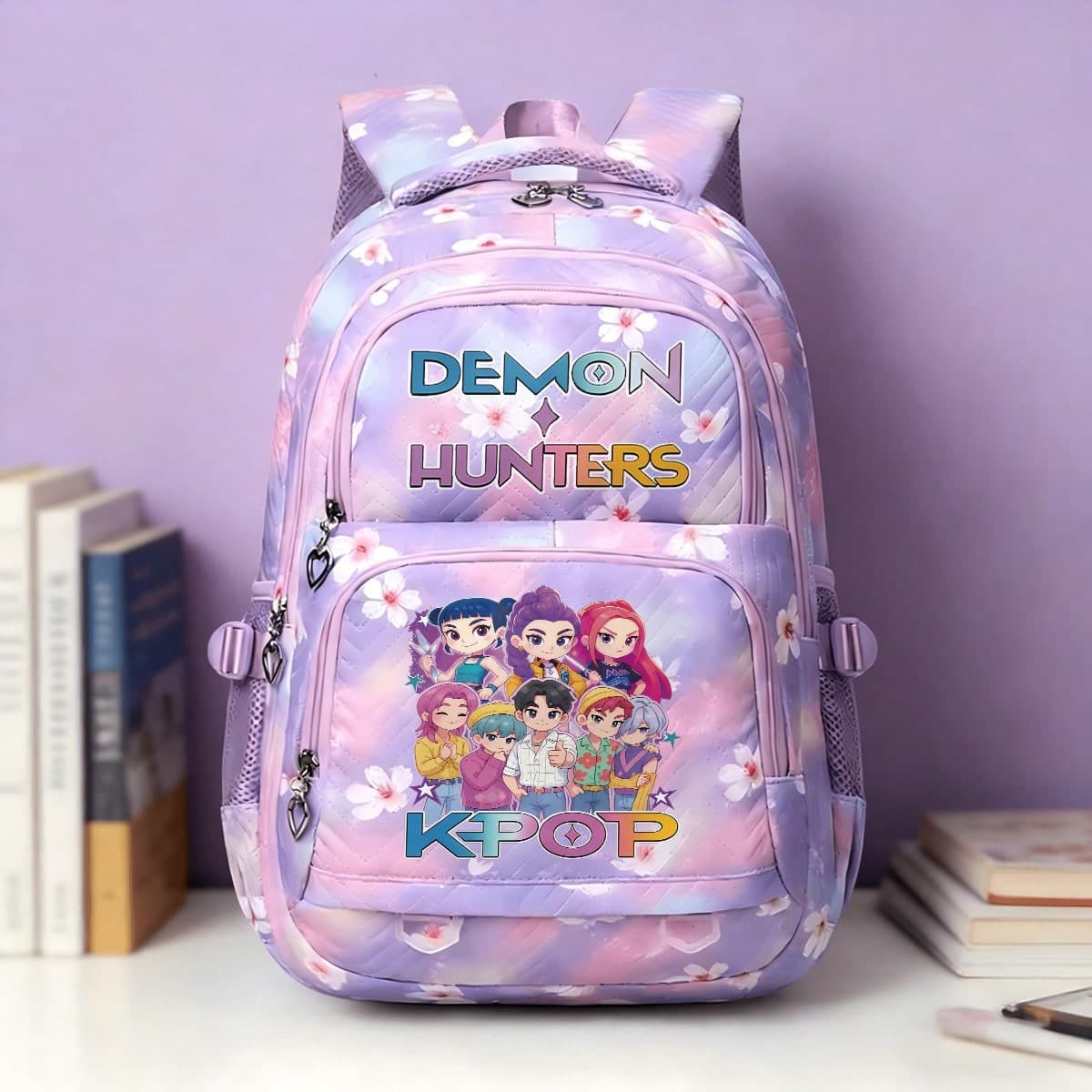 Miniso Colorful Letter Full Group Cartoon Figure Print Gradient Purple Pink Cherry Blossom Chevron Quilt Large Capacity Student Backpack Multi Compartment Sc