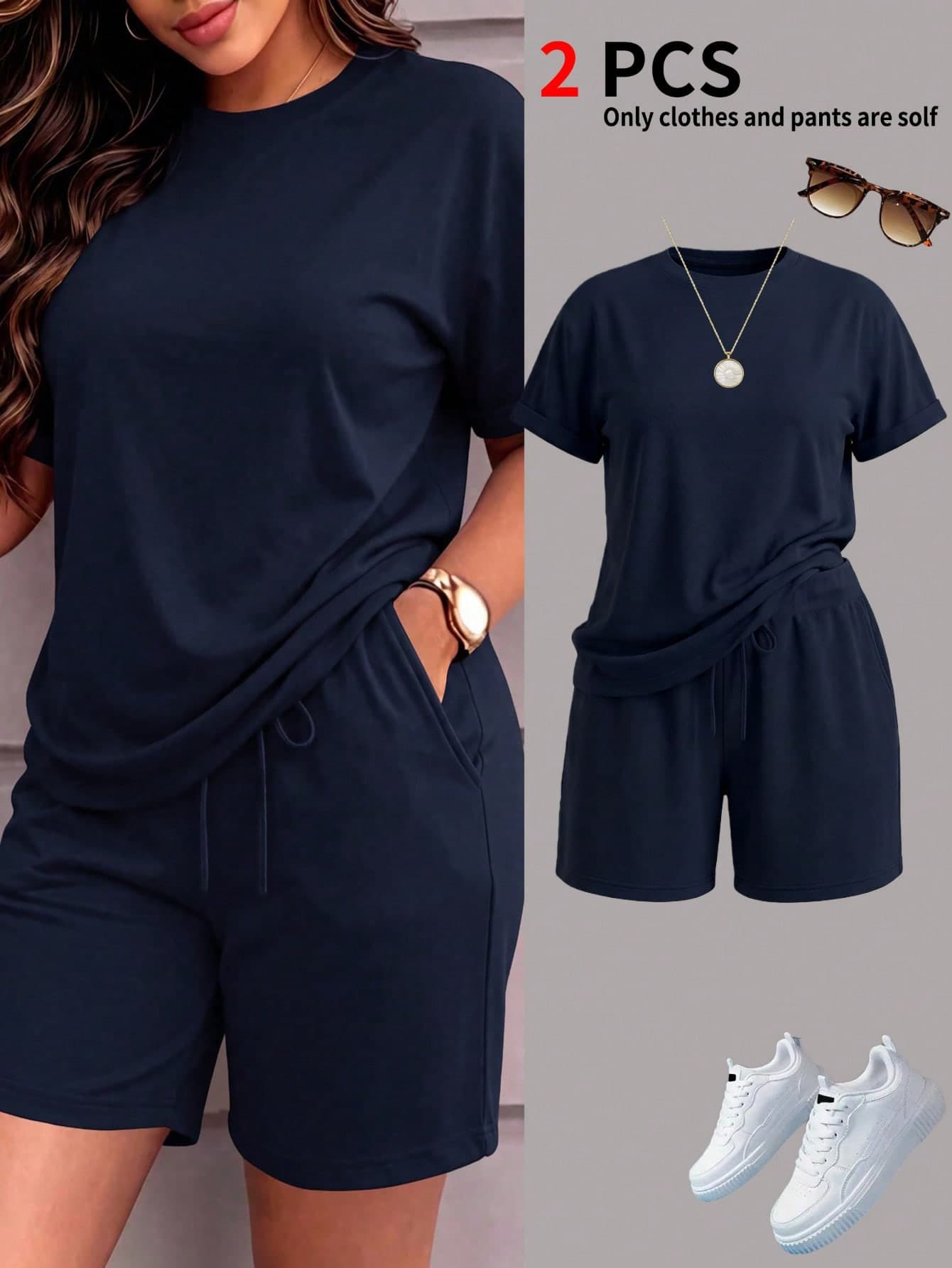 Spring/Summer Women's Solid Color Short Sleeve Retro Round Neck T-Shirt And Elastic Waist Drawstring Shorts 2-Piece Set, Minimalist Sporty Casual For Vacation & Loungewear, Outdoor, Sports, Athleisure