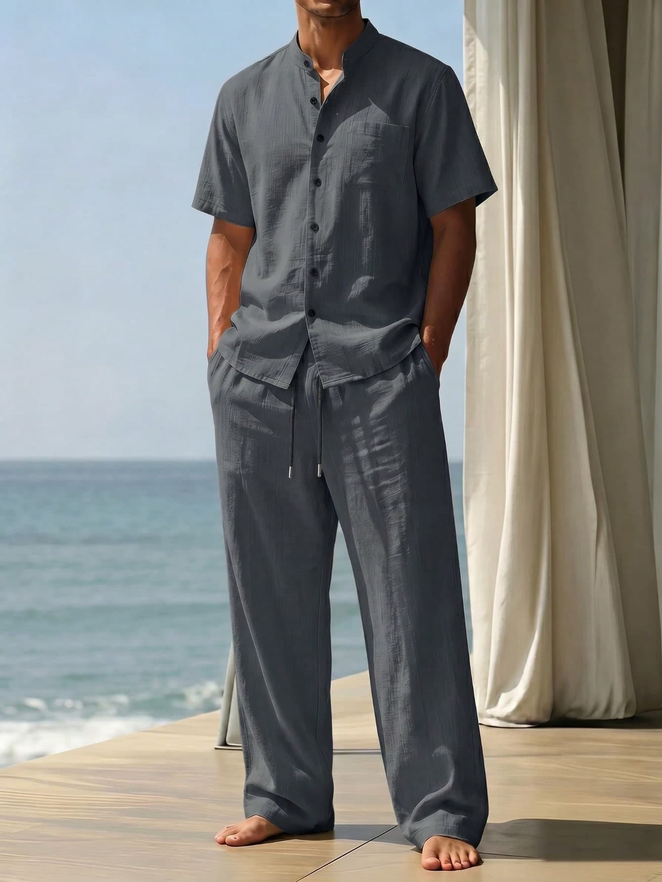 JINYA Men's Summer Daily Wear New Chinese Minimalist Style Light Business Casual Relaxed Commute Style Shirt Long Pants Beach Set Home Outdoor City Regular Vacation Casual Youth Simple Campus Vintage Versatile Textured Elegant Personalized Sports