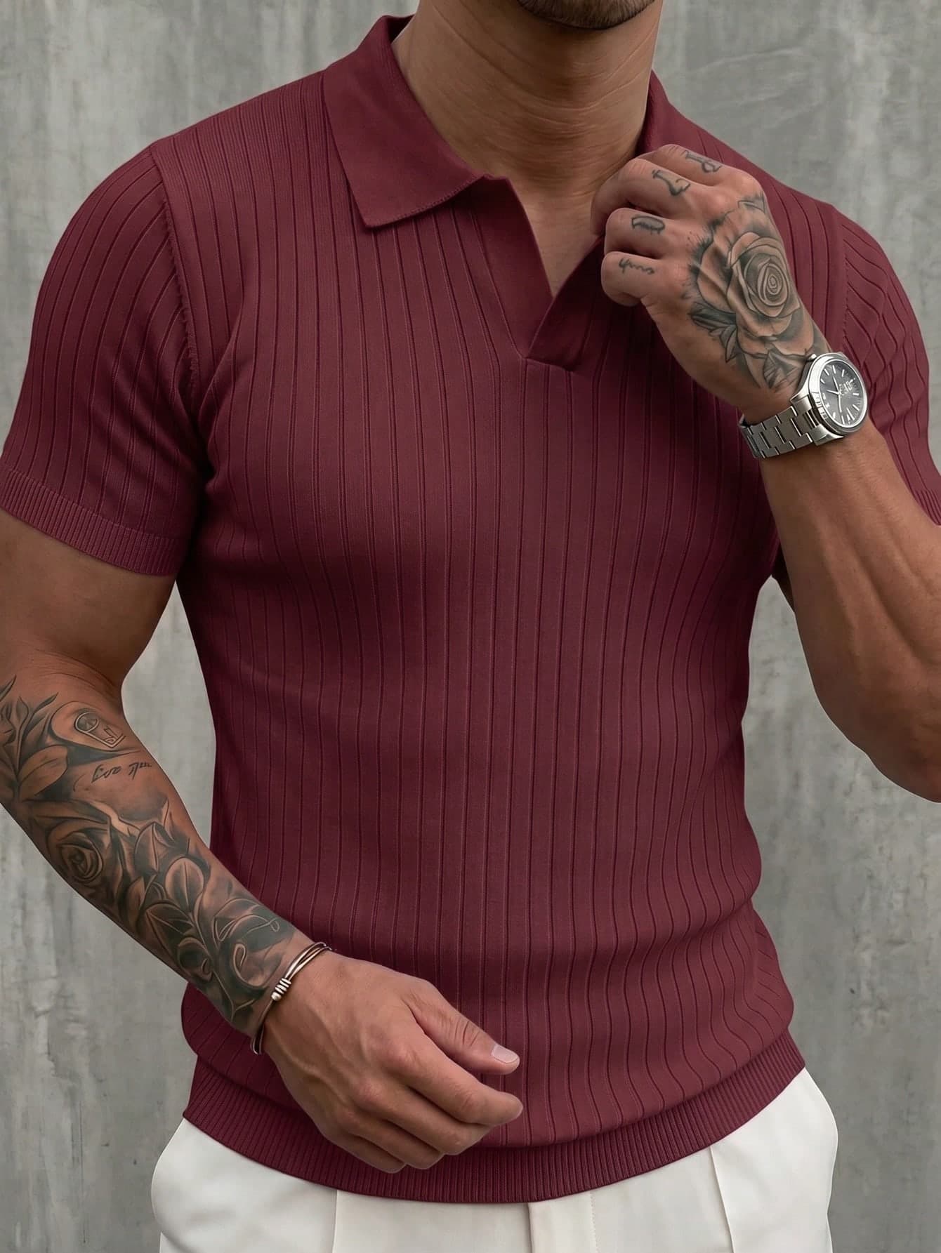 Men's Classic Ribbed Knit Polo Short Sleeve Shirt, Solid Color, Suitable For Summer Outings, Fashionable Must-Have Item