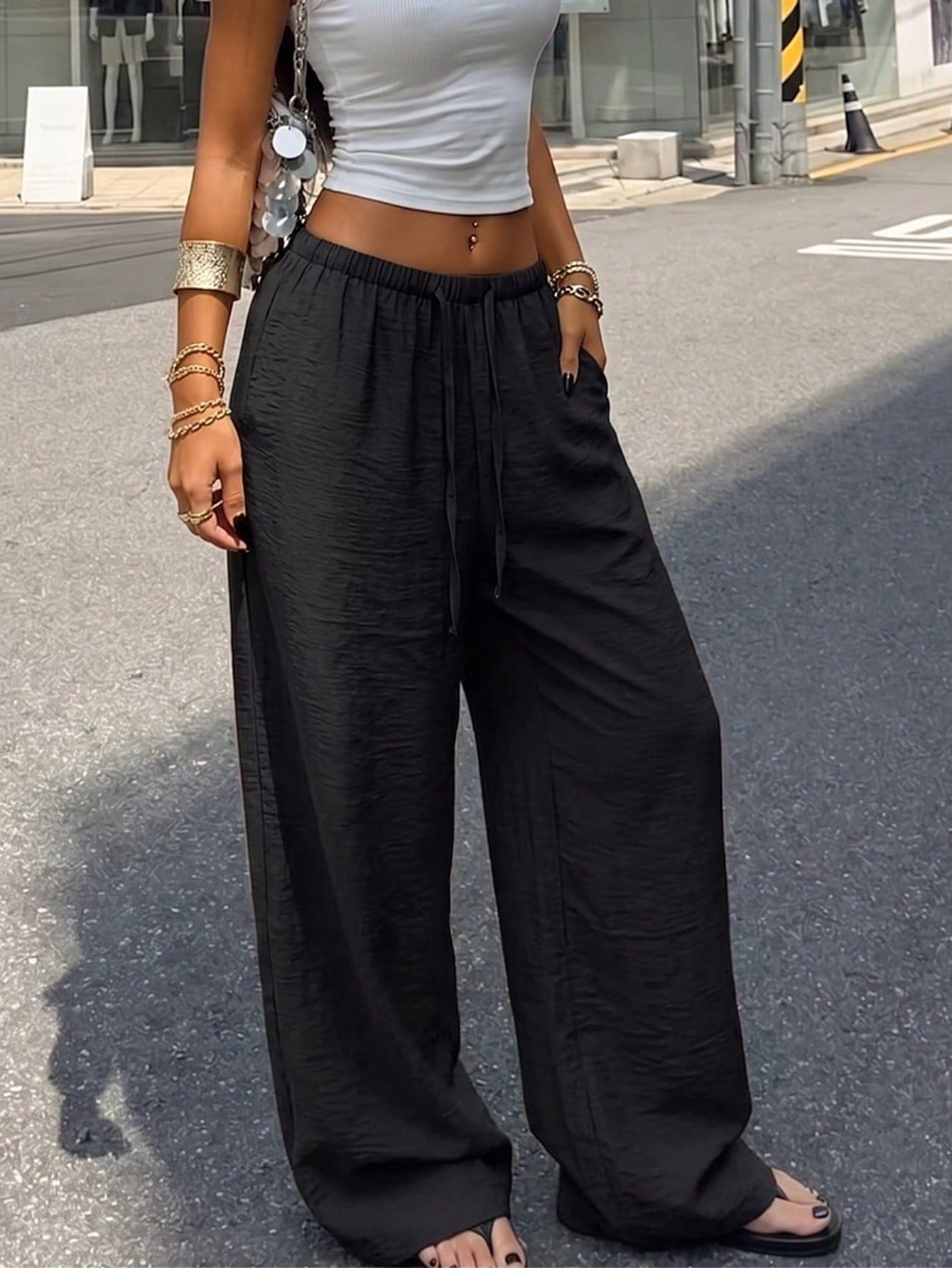 Women's Summer Lightweight Breathable Casual Pants, Elastic Waist With Drawstring, Loose Fit, Drapey, Lazy Style, Fashionable Versatile Relaxed Wide Leg Long Pants