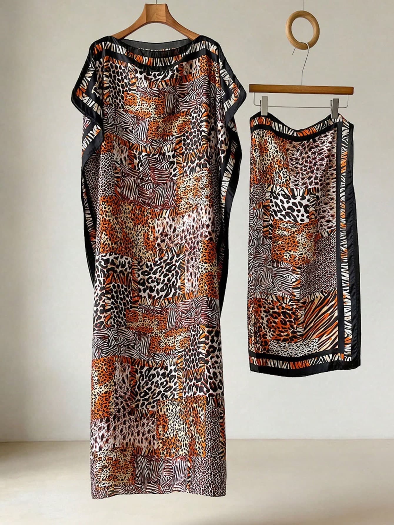 2pcs 2026 New Cool Leopard Print Patchwork Faux Silk Printed Long Robe Shawl, Women's Beach Sun Protection Satin Scarf, Multi-Functional Wear