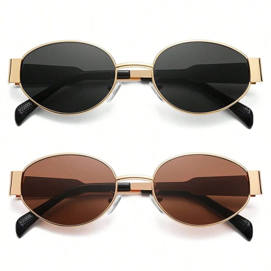 2 Pairs Of Summer Women's Fashionable Glasses Set With Retro Oval Metal Frame Decorative Glasses
