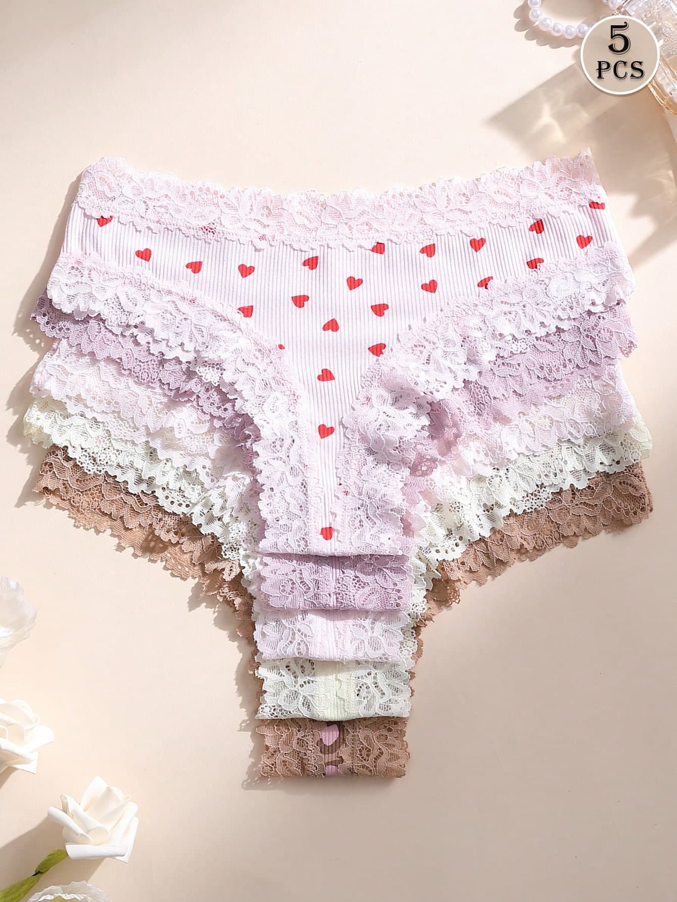 5 PCS Sexy Women's Lace Splice Panties Low Waist Seamless Ribbed Thong Soft Comfortable & Breathable Underwear For Yoga, Sports And Daily Wear