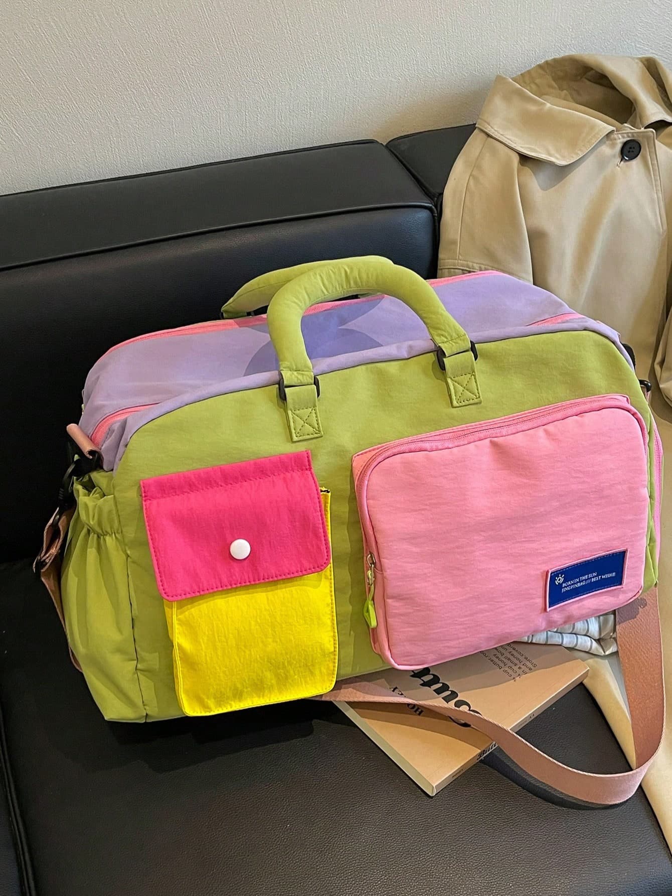 Large Capacity Colorblock Style Travel Bag, Multi-Pocket Gym Bag, Foldable Lightweight Handbag, Crossbody Bag, School Bag, Luggage Bag