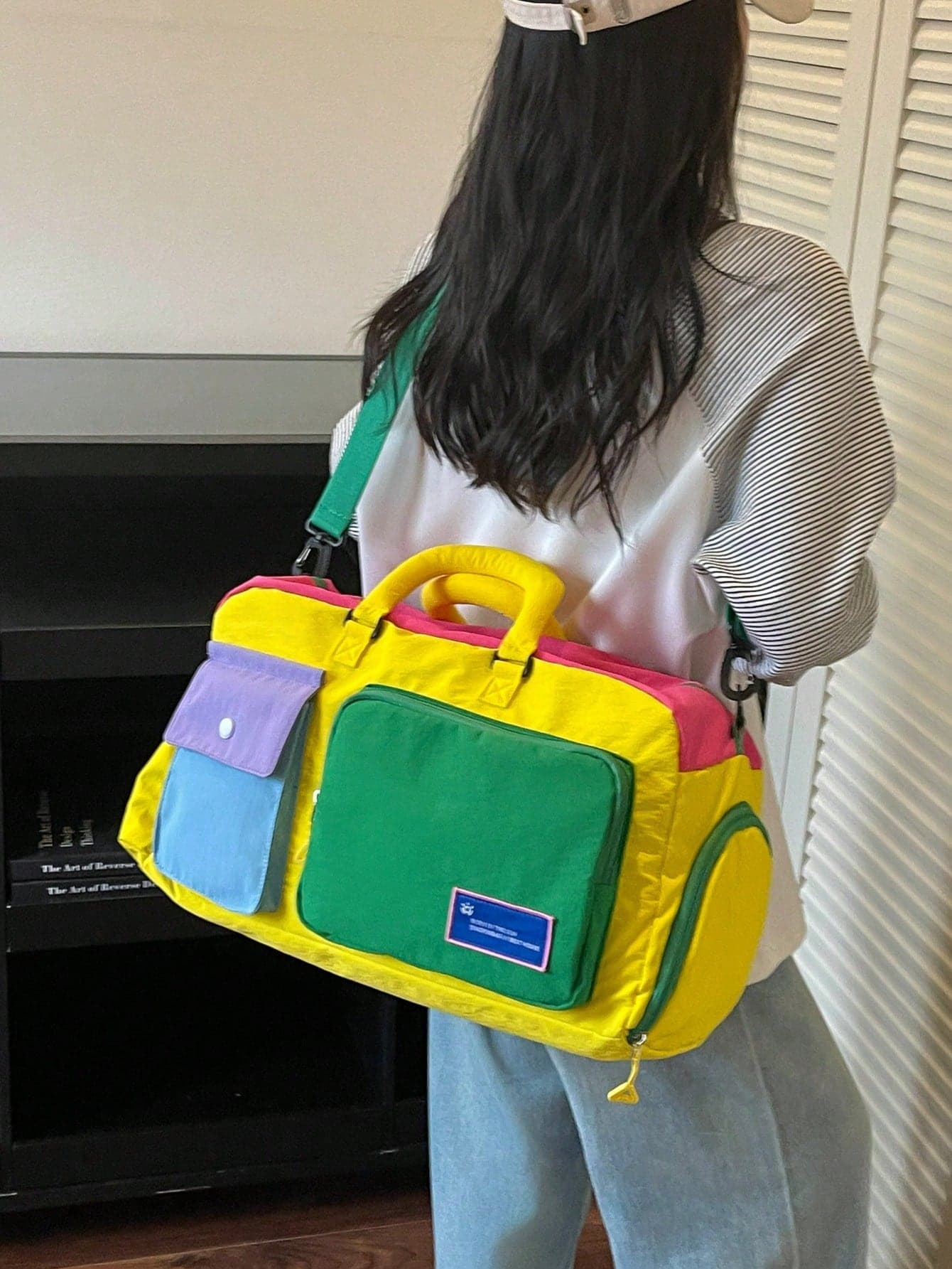Large Capacity Colorblock Style Travel Bag With Multiple Pockets, Foldable Lightweight Handbag, Crossbody Bag, School Bag, Luggage Bag