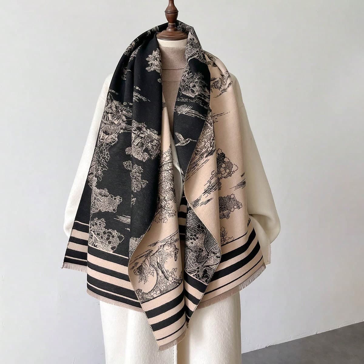 1PC Women's Autumn/Winter Double-Sided Imitation Cashmere Botanical Jacquard Warm Scarf Shawl Suitable For Daily Wear