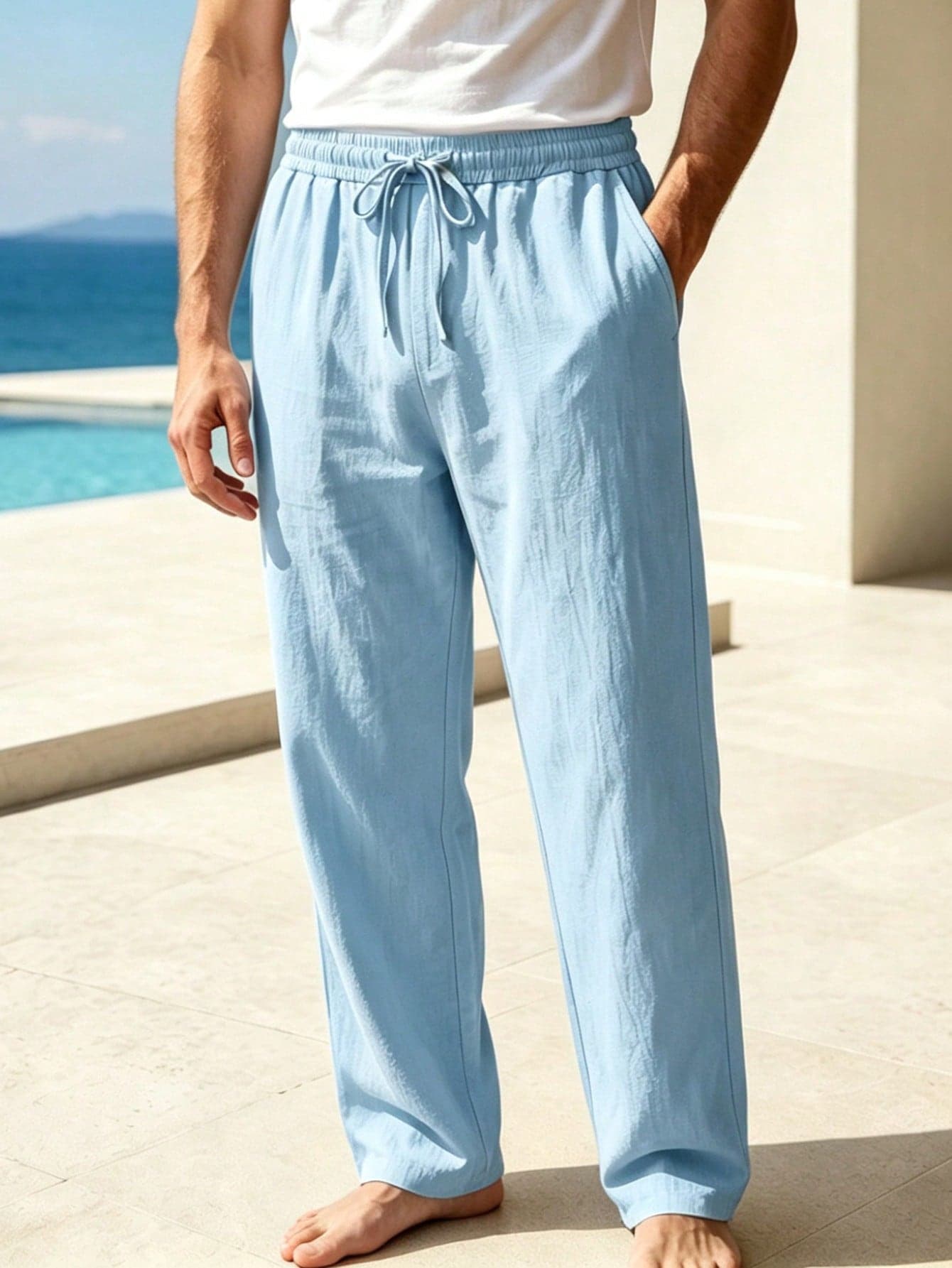 Men's Loose Straight Leg Linen Beach Pants, American Style Summer Hawaiian Casual Sporty Solid Color Versatile Long Trousers