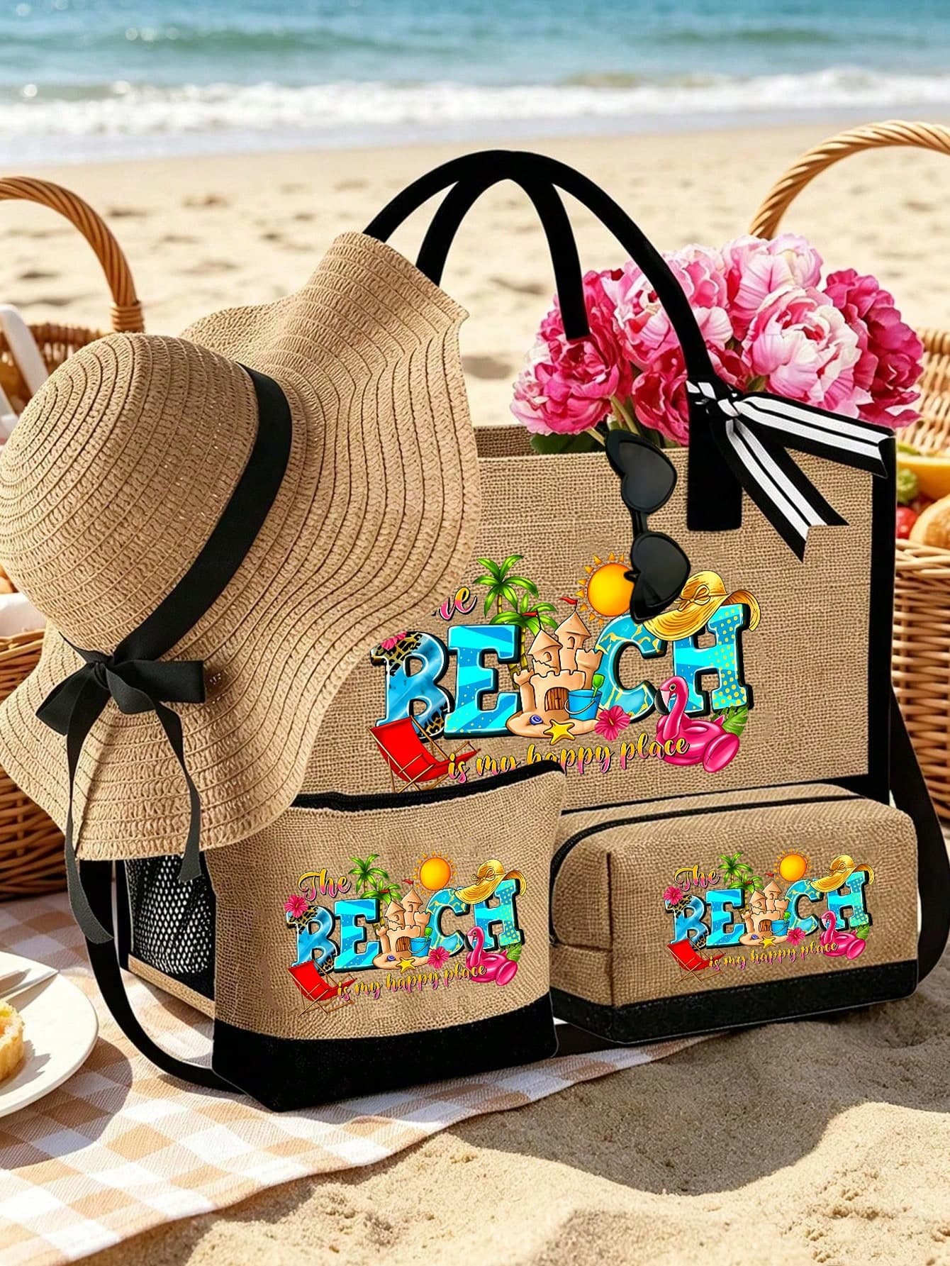 Beach Summer Theme Tote Bag Set, Printed With Colorful BEACH Letter Pattern, Large Capacity Handbag And Two Cosmetic Bags, Suitable For Weddings, Vacations And Holidays, Suitable For Daily Use, Perfect Gift For Women, Mothers, Teachers, Friends, Bridesmaids, Students, Back To School, Large Bag, Vacation Weekend Short Trip Travel Handbag, Birthday Gift For Friends, Teacher's Day Gift, Back To School Gift