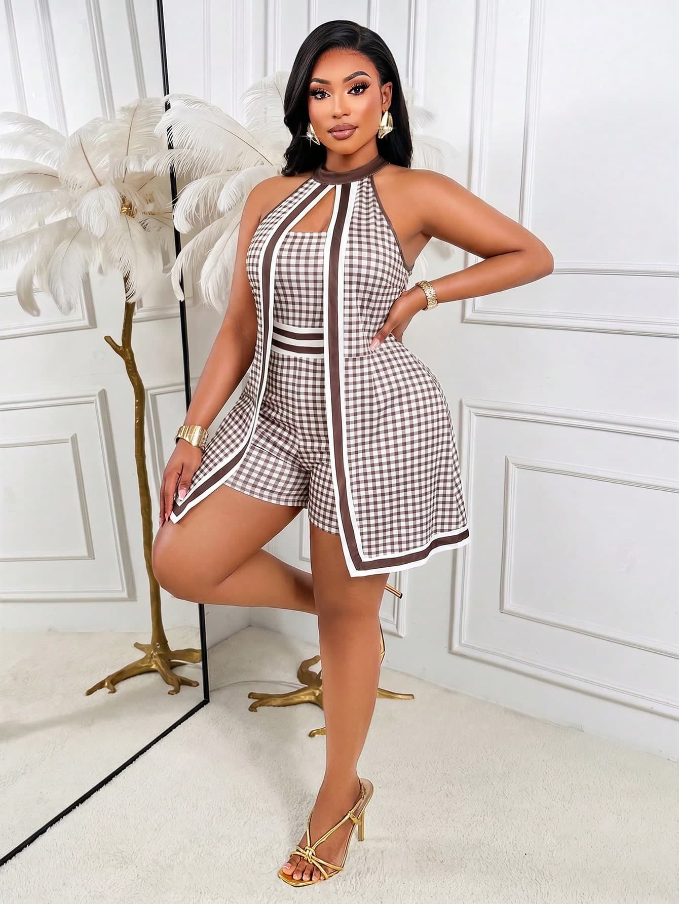 AIJ Plus Size Floral Print Jumpsuit, Elegant Halter Neck Hollow Out Top And Shorts, Women's Casual Summer Party Vacation Outfit